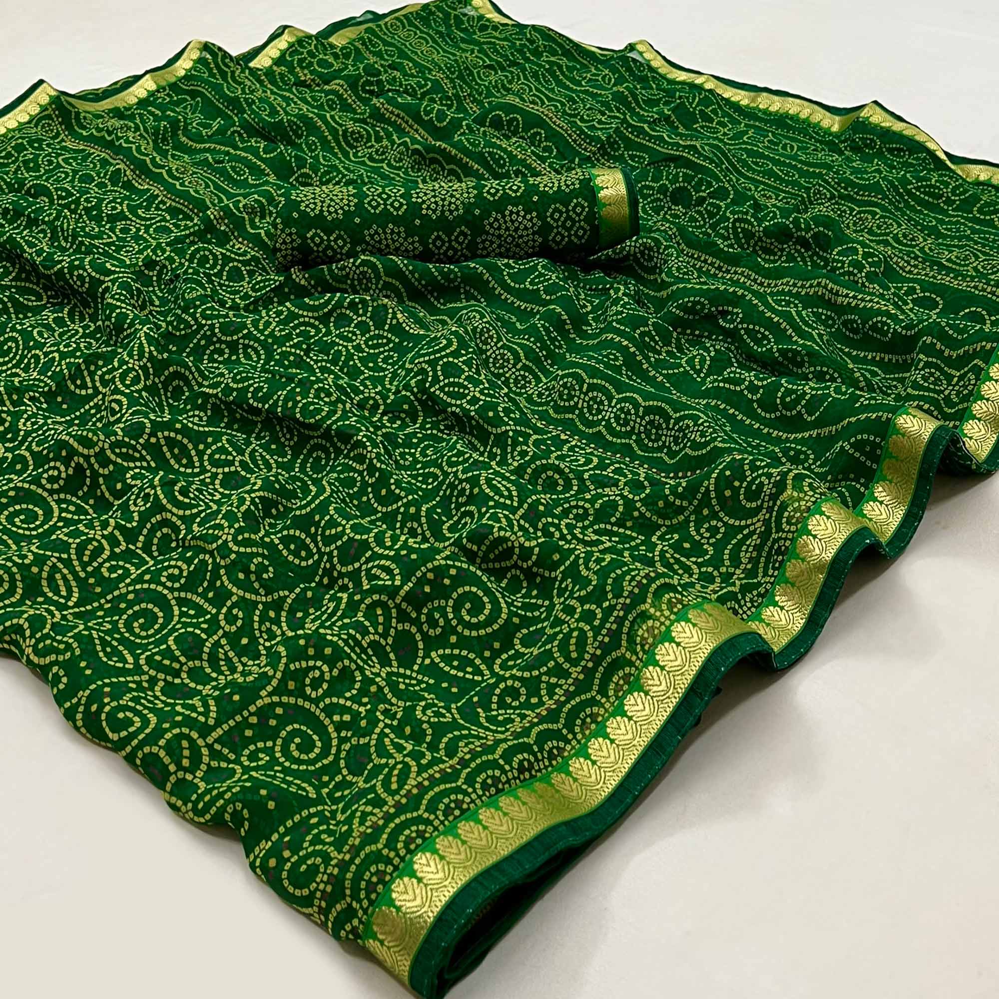 Green Bandhani Printed Georgette Saree With Designer Border