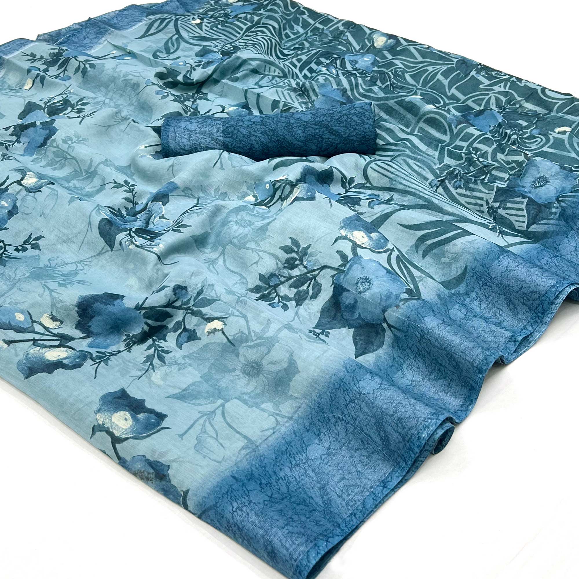 Blue Floral Printed Linen Saree