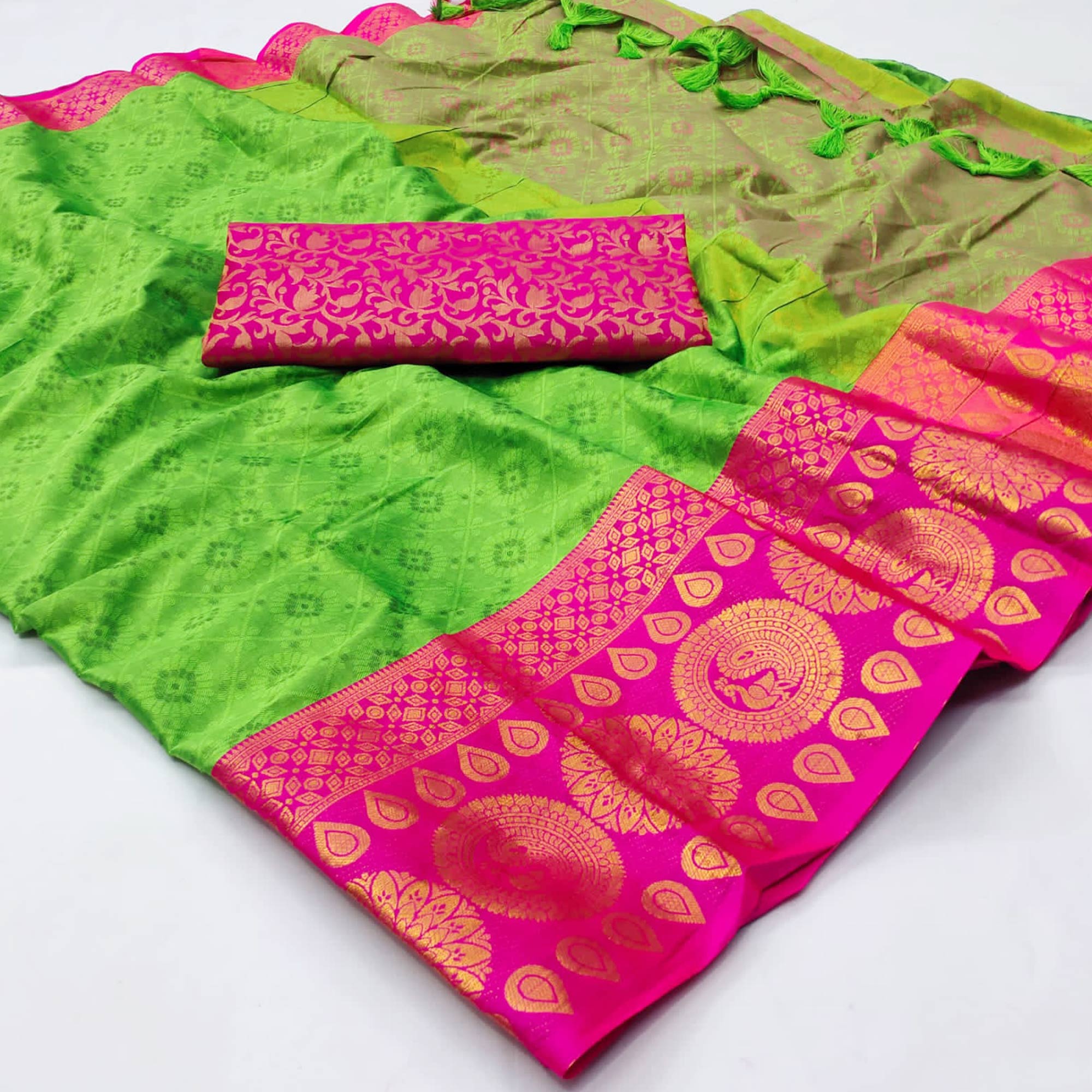 Parrot Green Woven Cotton Silk Saree With Tassels