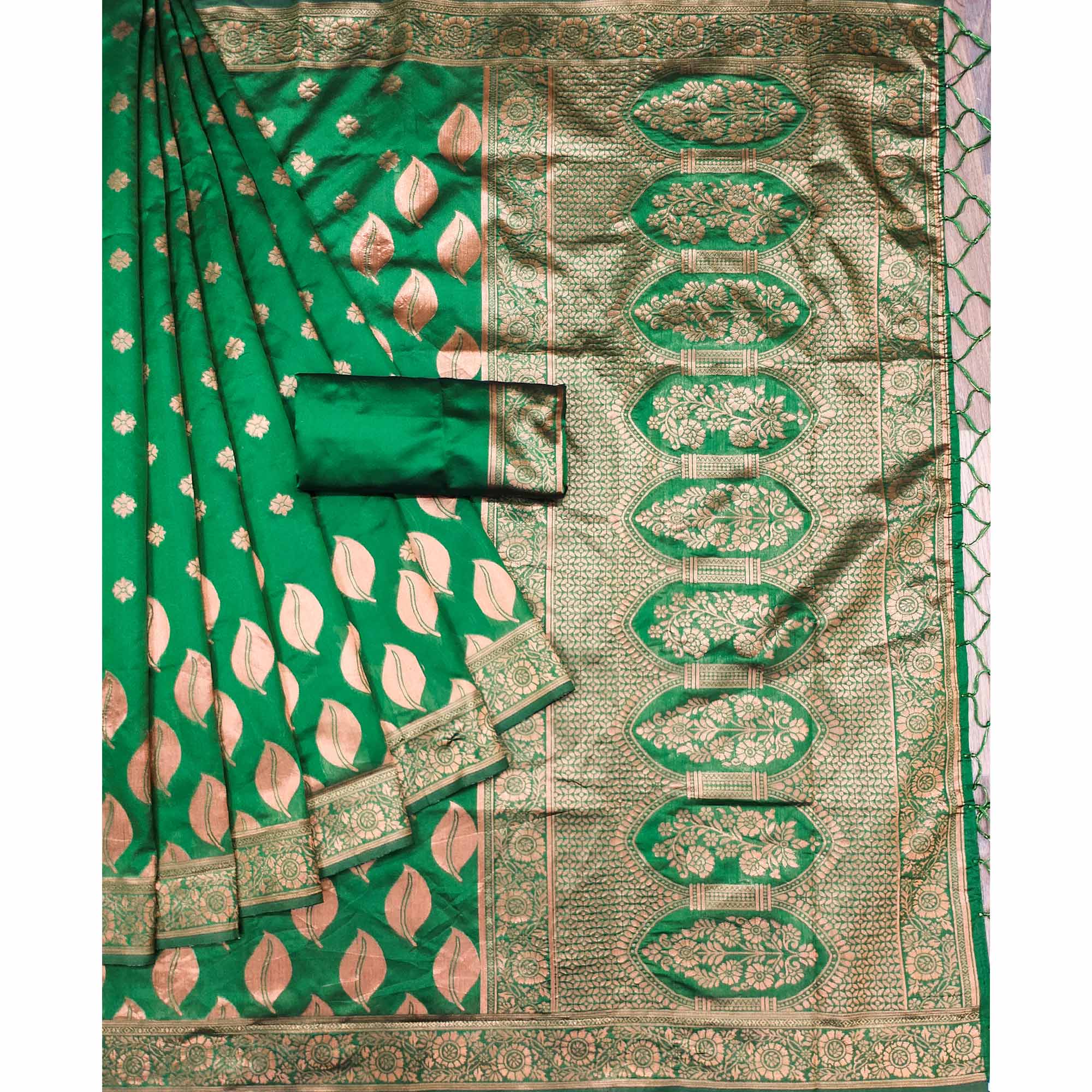 Green Woven Art Silk Saree With Tassels