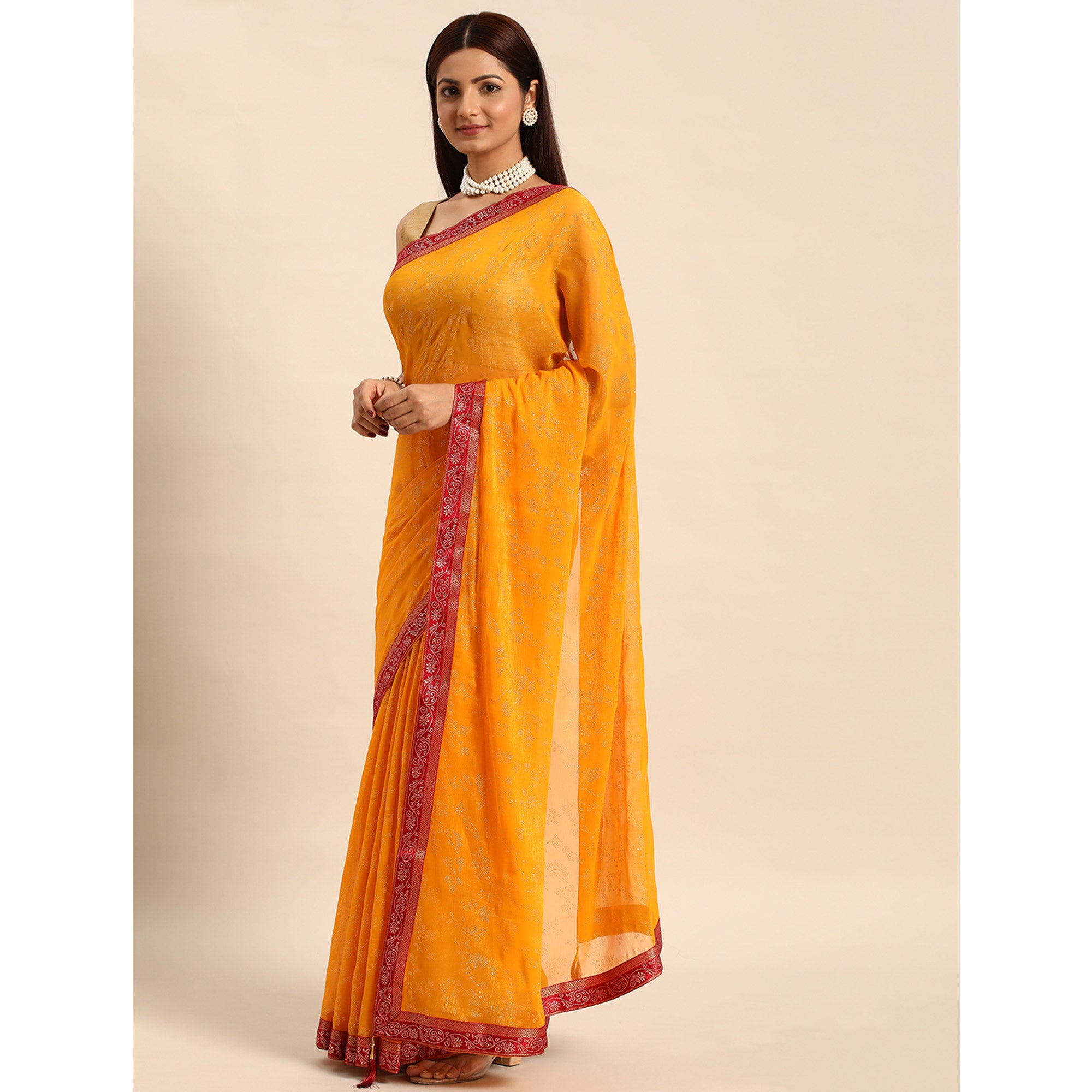 Yellow Floral Foil Printed Shimmer Saree