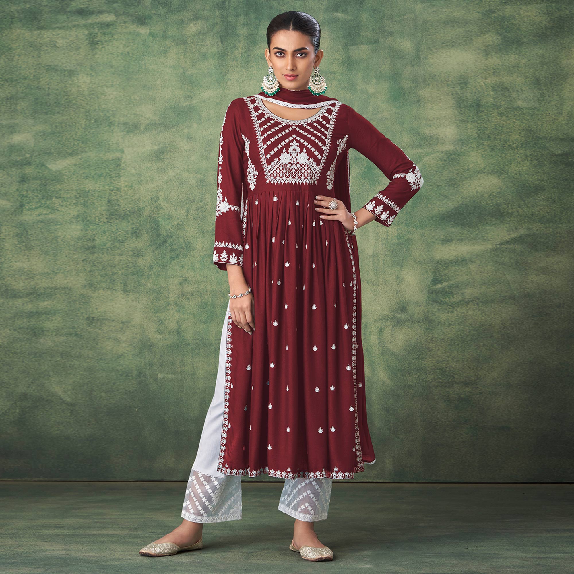 Maroon Lucknowi Work Rayon Naira Cut Palazzo Suit