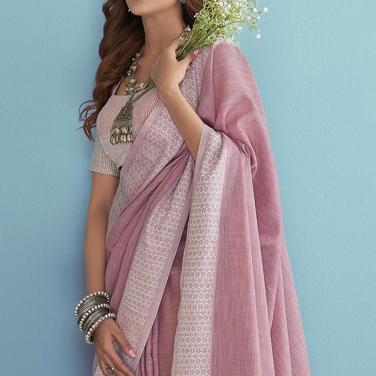 Pink Woven Linen Saree