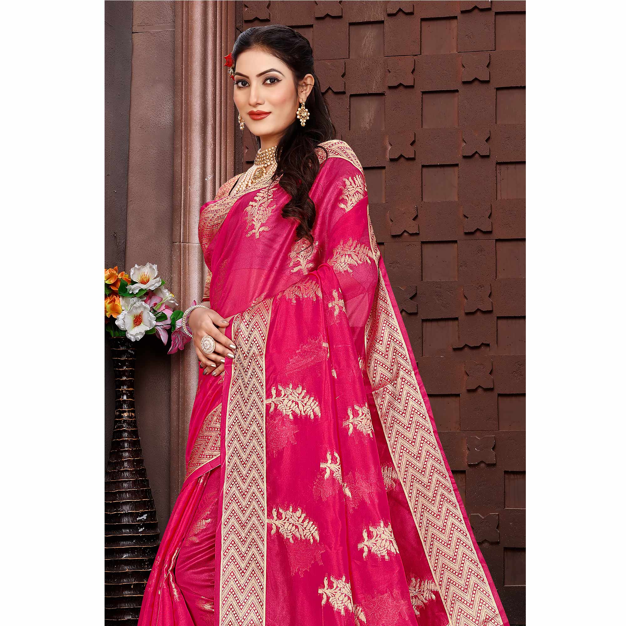 Rani Pink Floral Woven Organza Saree