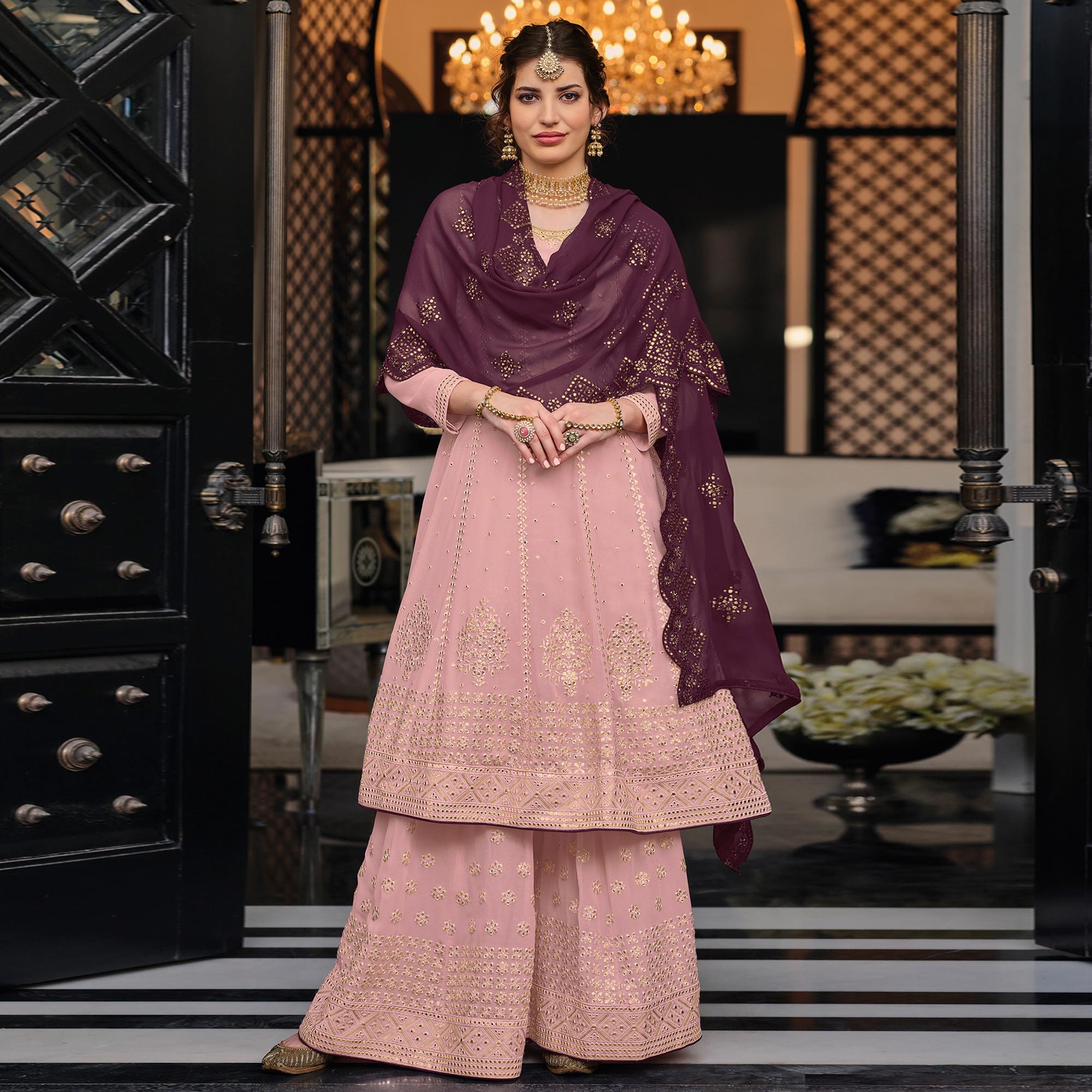 Peach Mirror Embroidered Georgette Sharara Suit