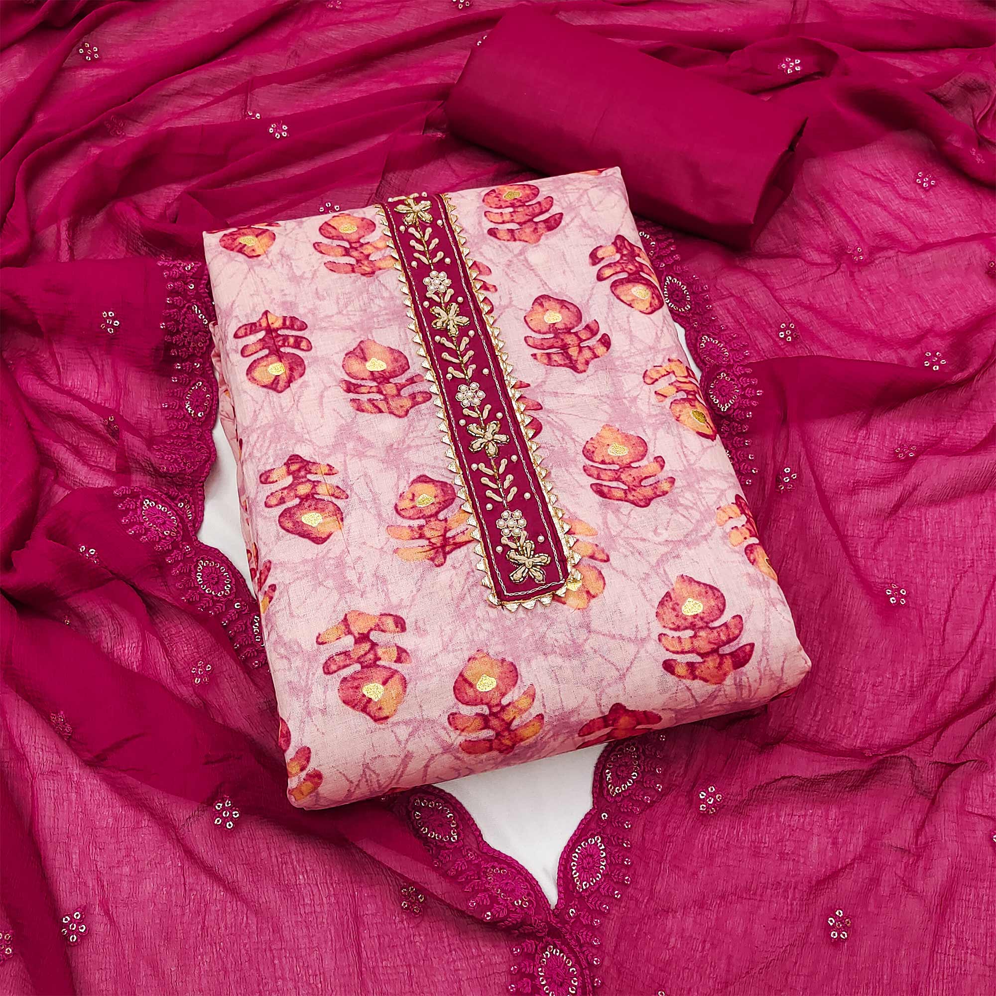 Peach Printed Pure Cotton Dress Material