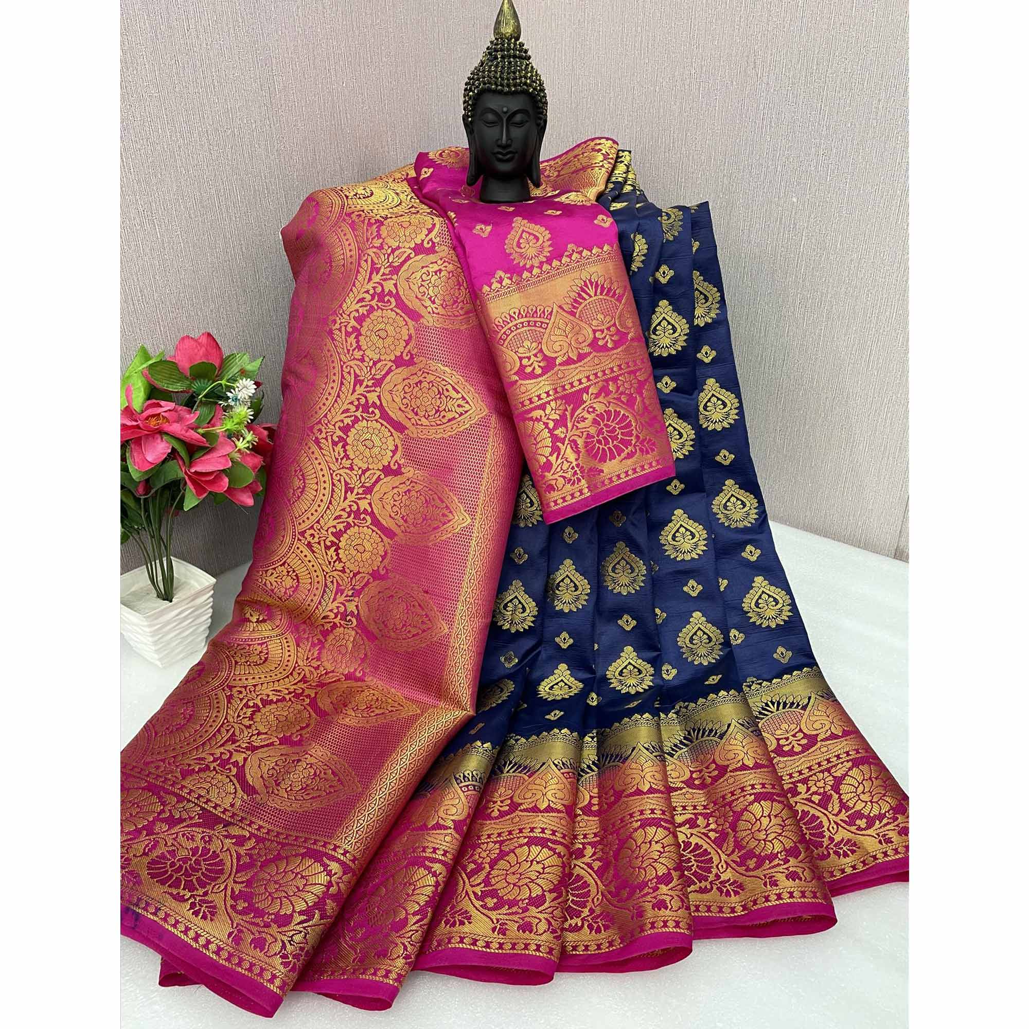 Navy Blue Woven Banarasi Silk Saree