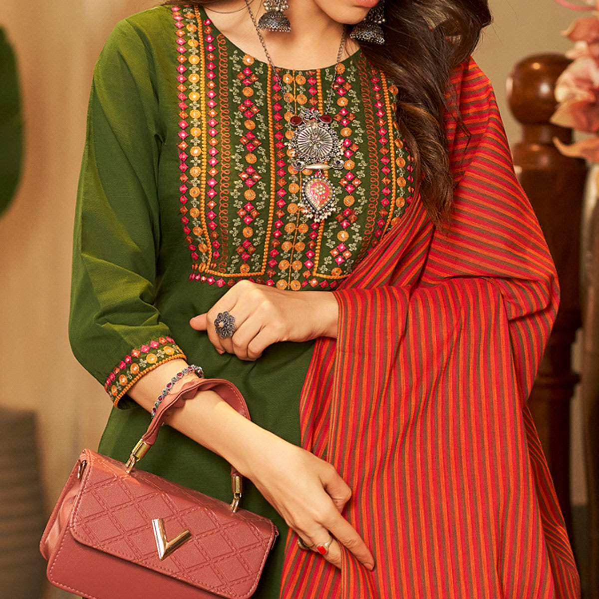 Green Embroidered Pure Cotton Suit