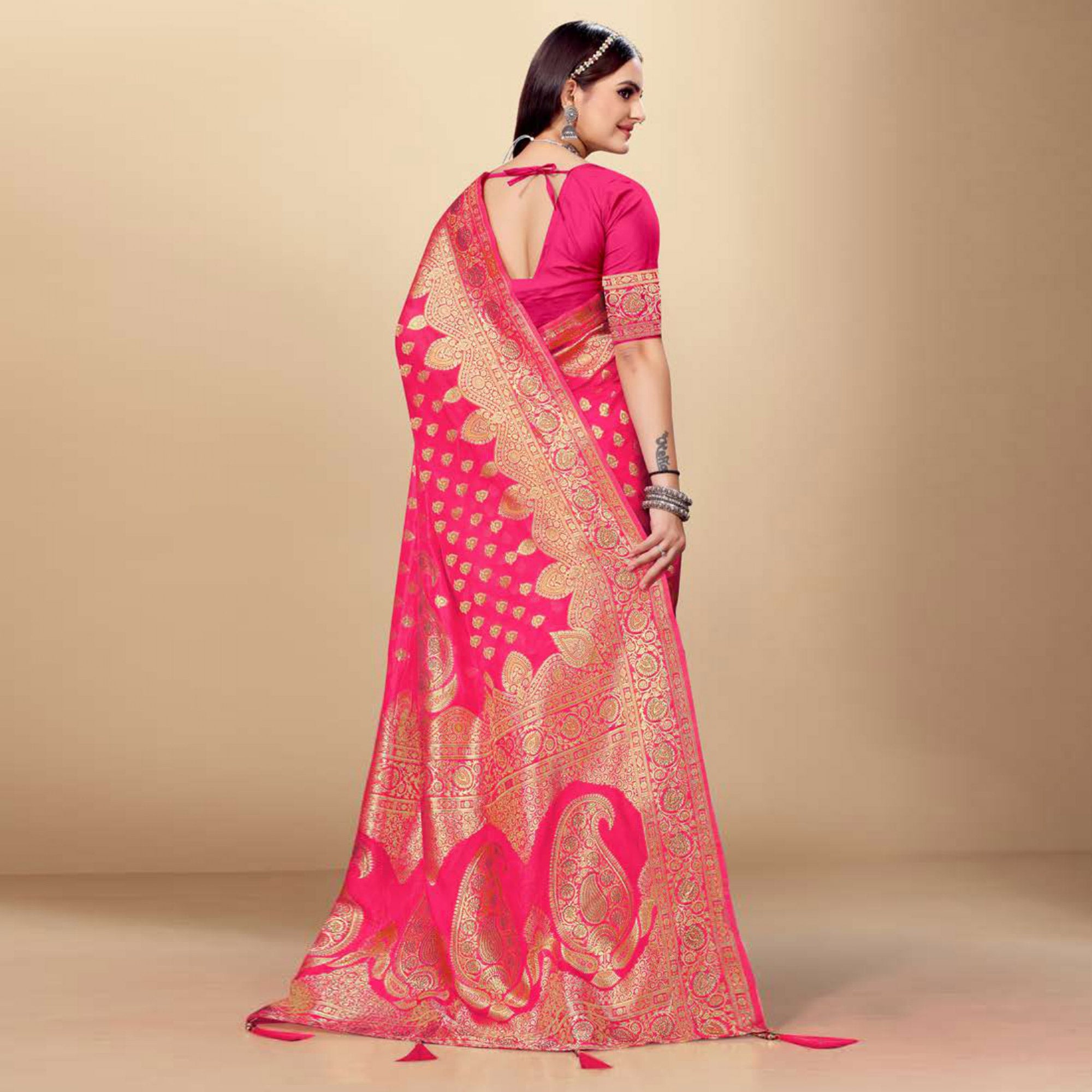 Pink Woven Art Silk Saree With Tassels