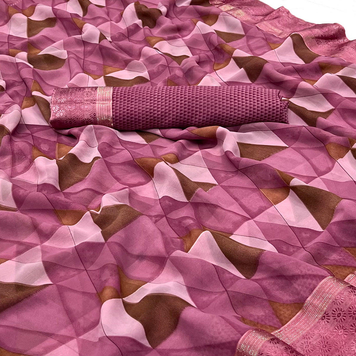 Gajari Pink Geometric Printed Georgette Saree