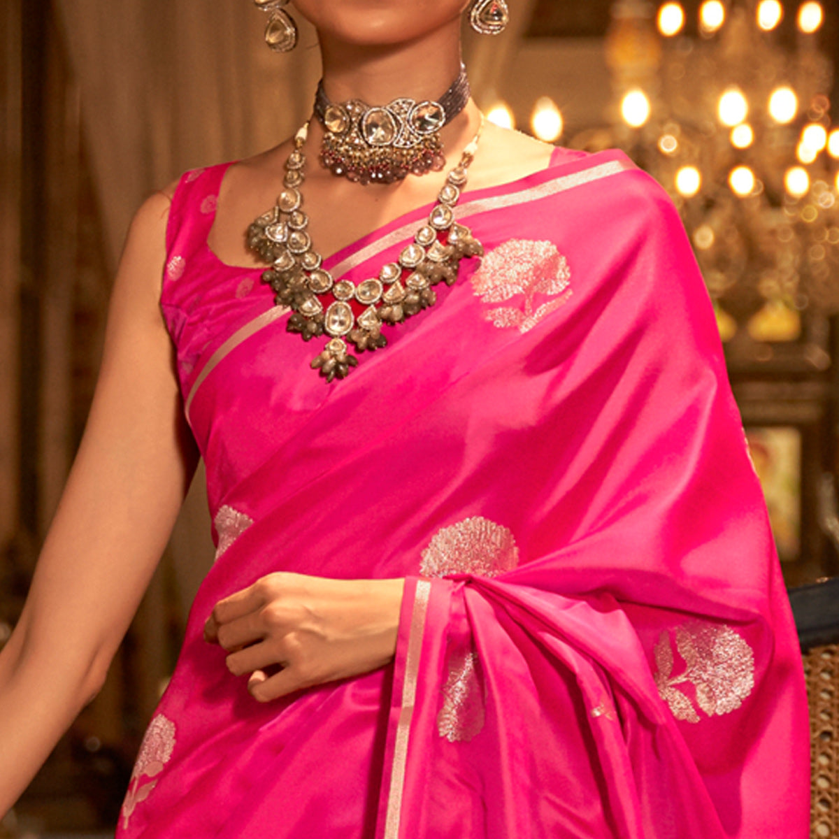 Rose Pink Floral Woven Satin Saree With Tassels