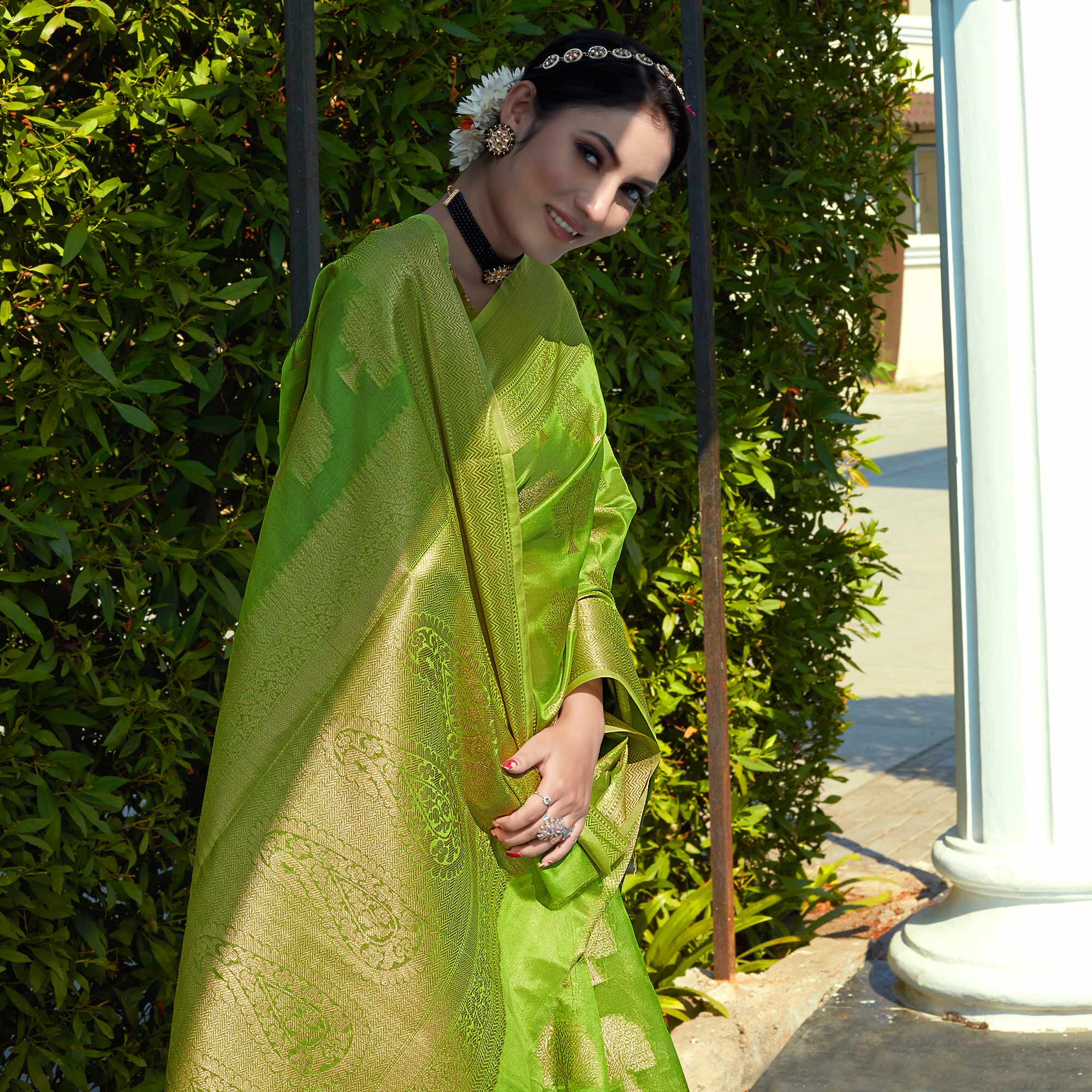 Parrot Green Woven Organza Saree