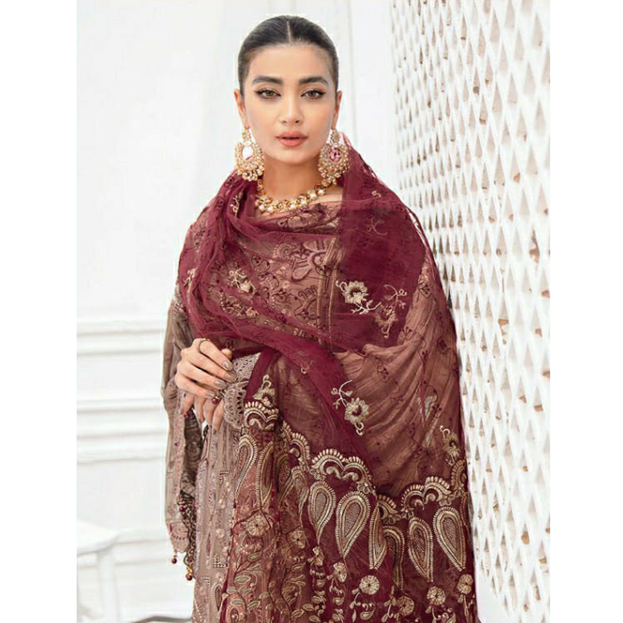 Brown Floral Embroidered Georgette Pakistani Suit