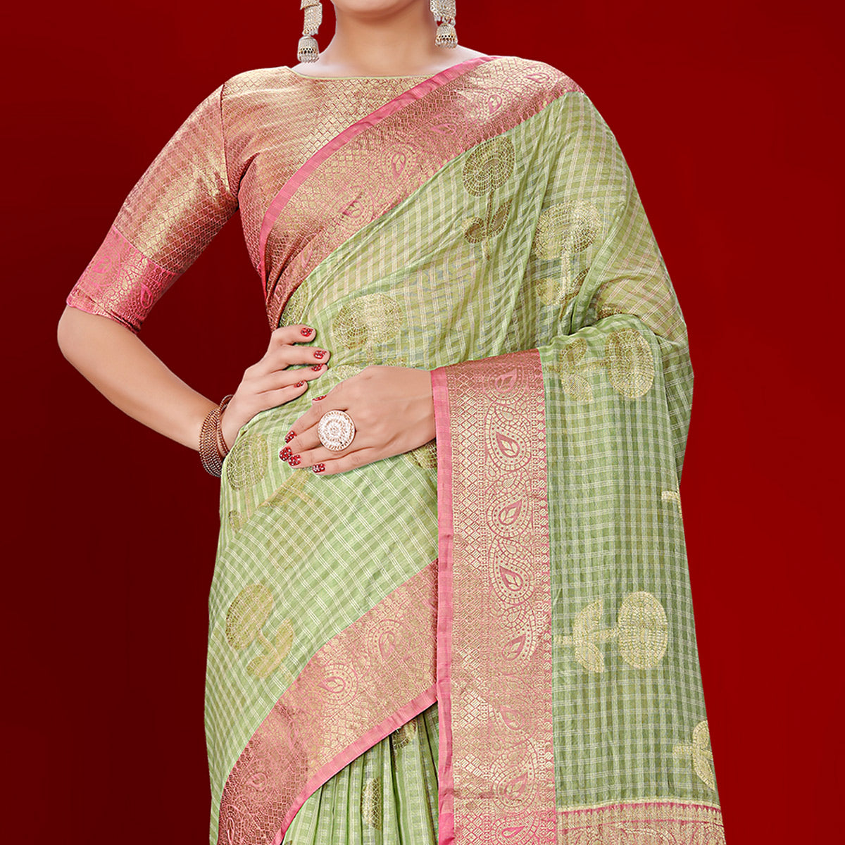 Green Floral Woven Organza Saree With Tassels