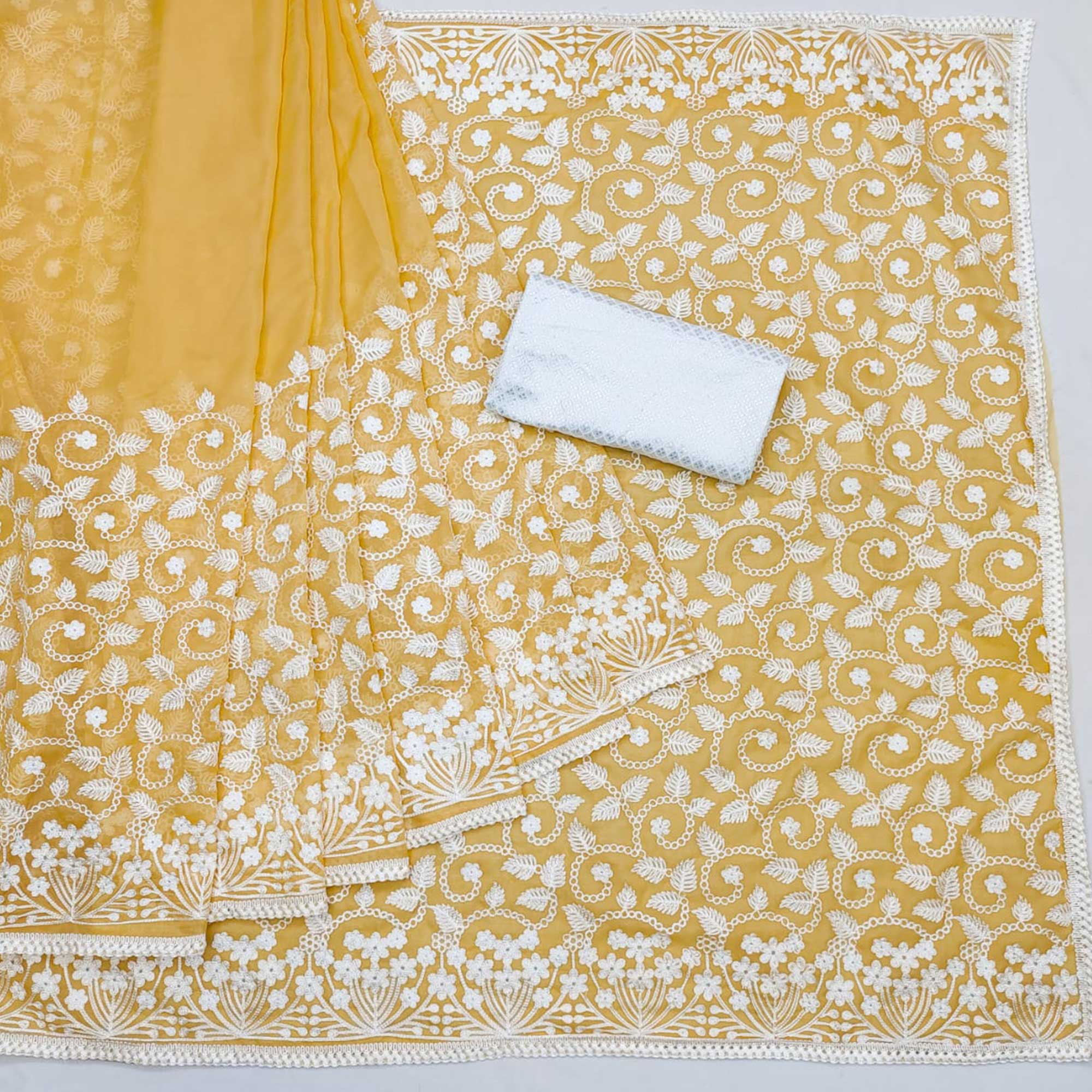 Yellow Lucknowi Embroidered Organza Saree