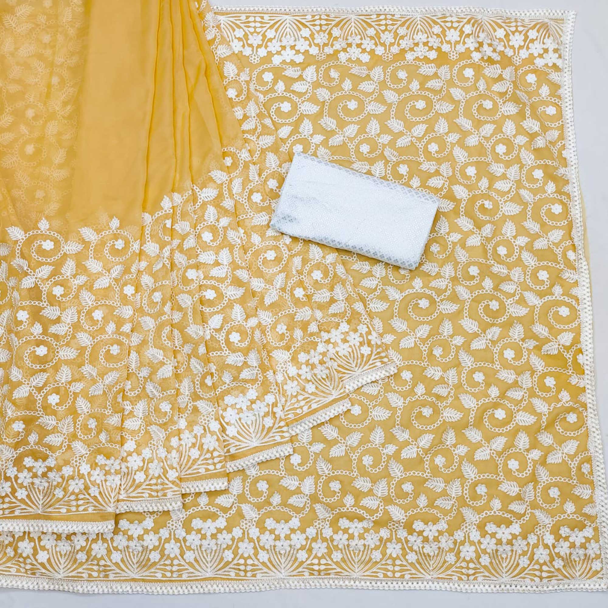 Yellow Lucknowi Embroidered Organza Saree