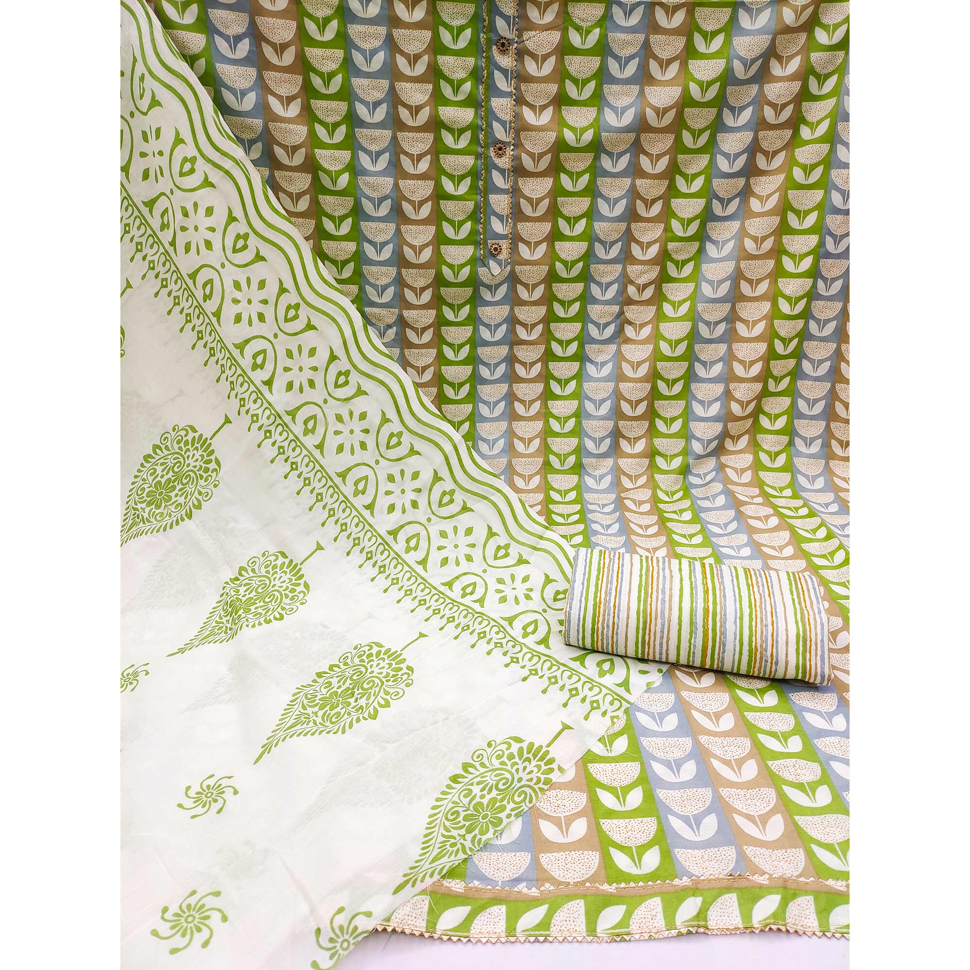 Green Printed Cotton Blend Dress Material
