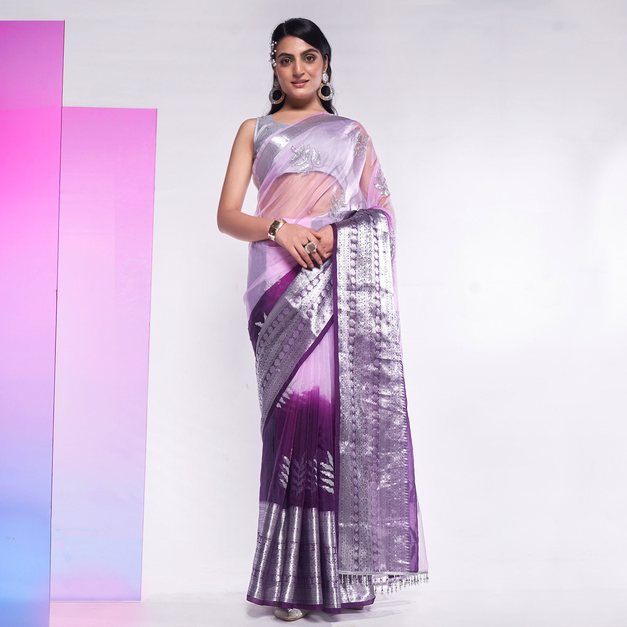 Purple & Light Pink Sequins Embroidered Organza Saree