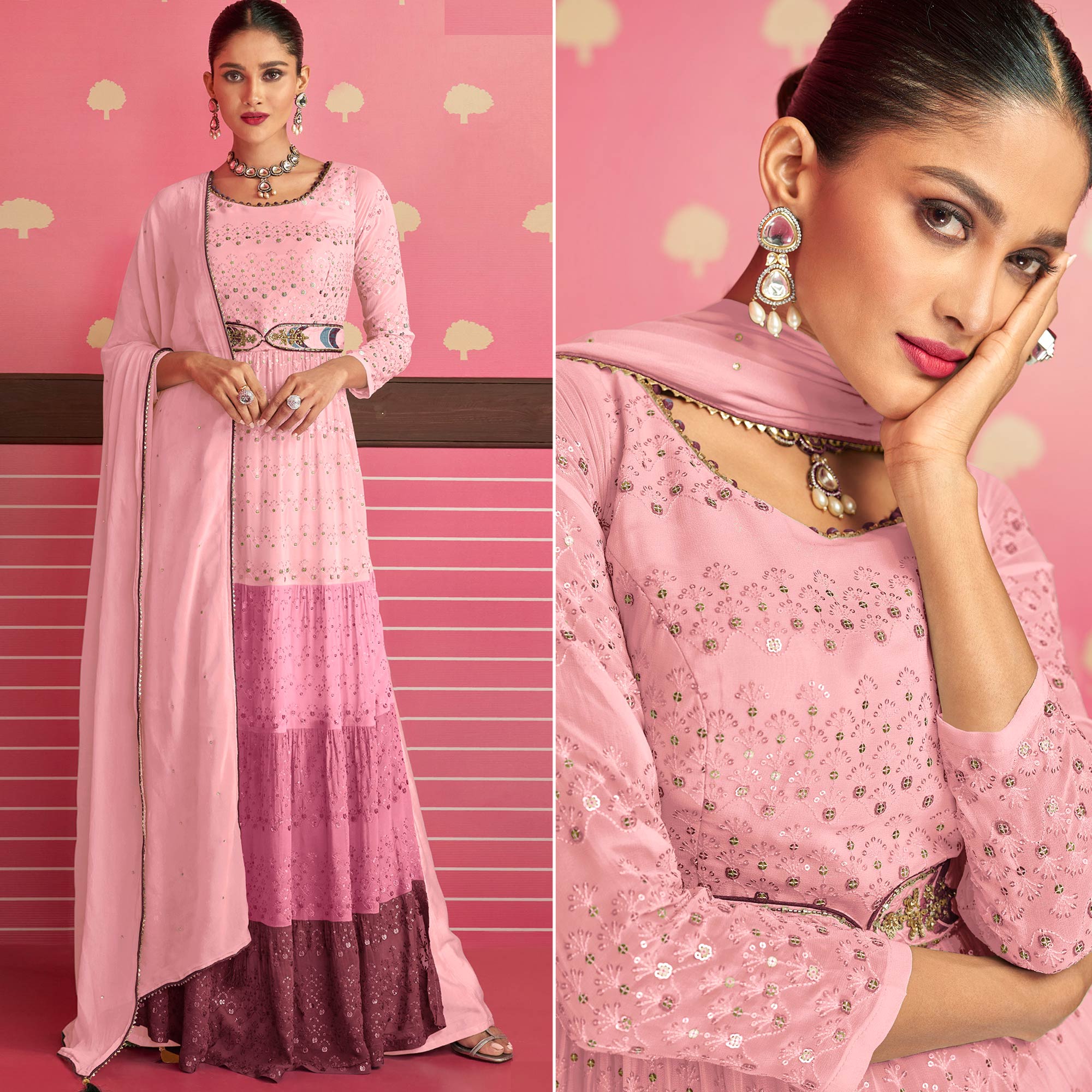 Pink Sequins Embroidered Georgette Naira Cut Suit