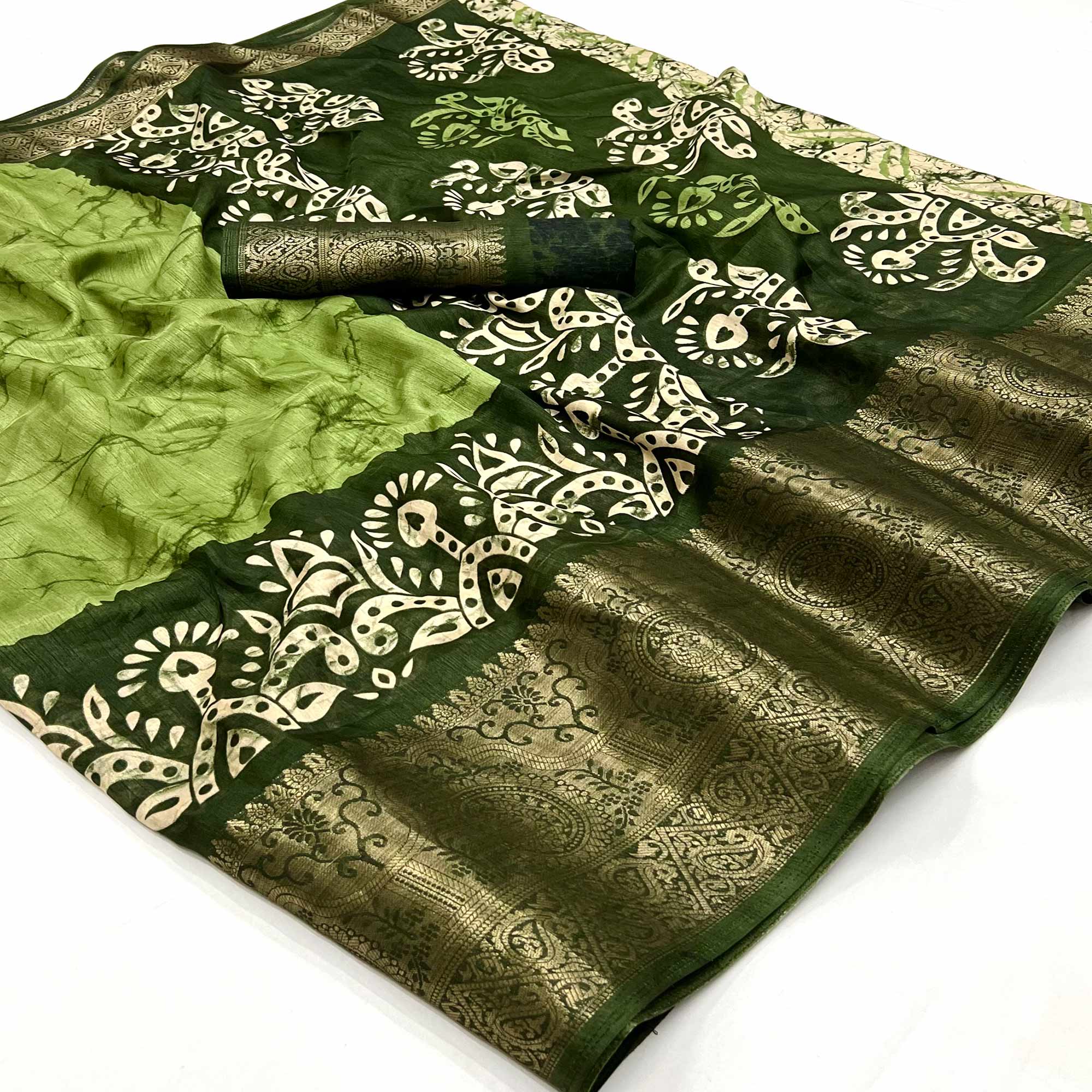 Pista Green Floral Printed With Woven Dola Silk Saree
