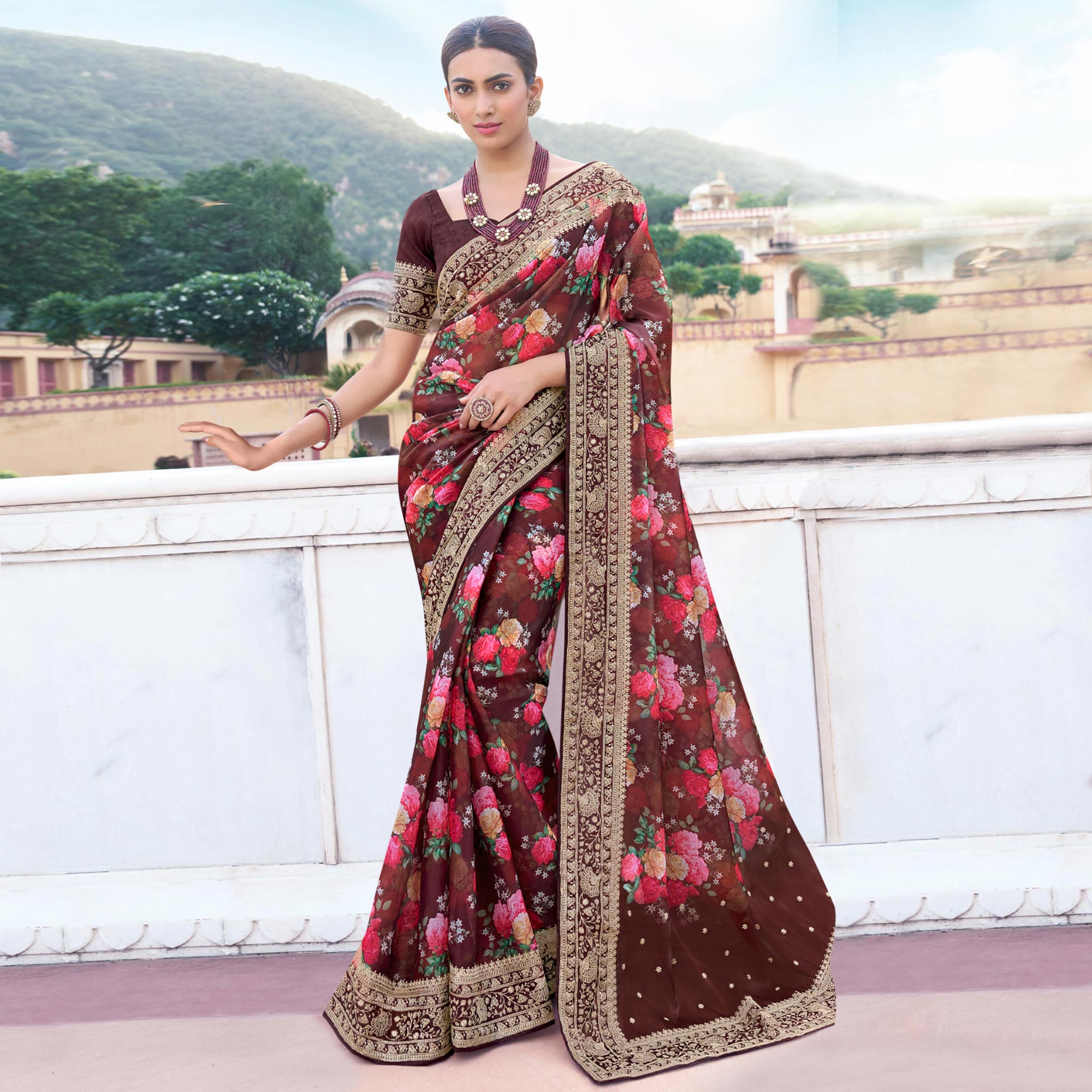 Maroon Floral Printed With Embroidered Organza Saree