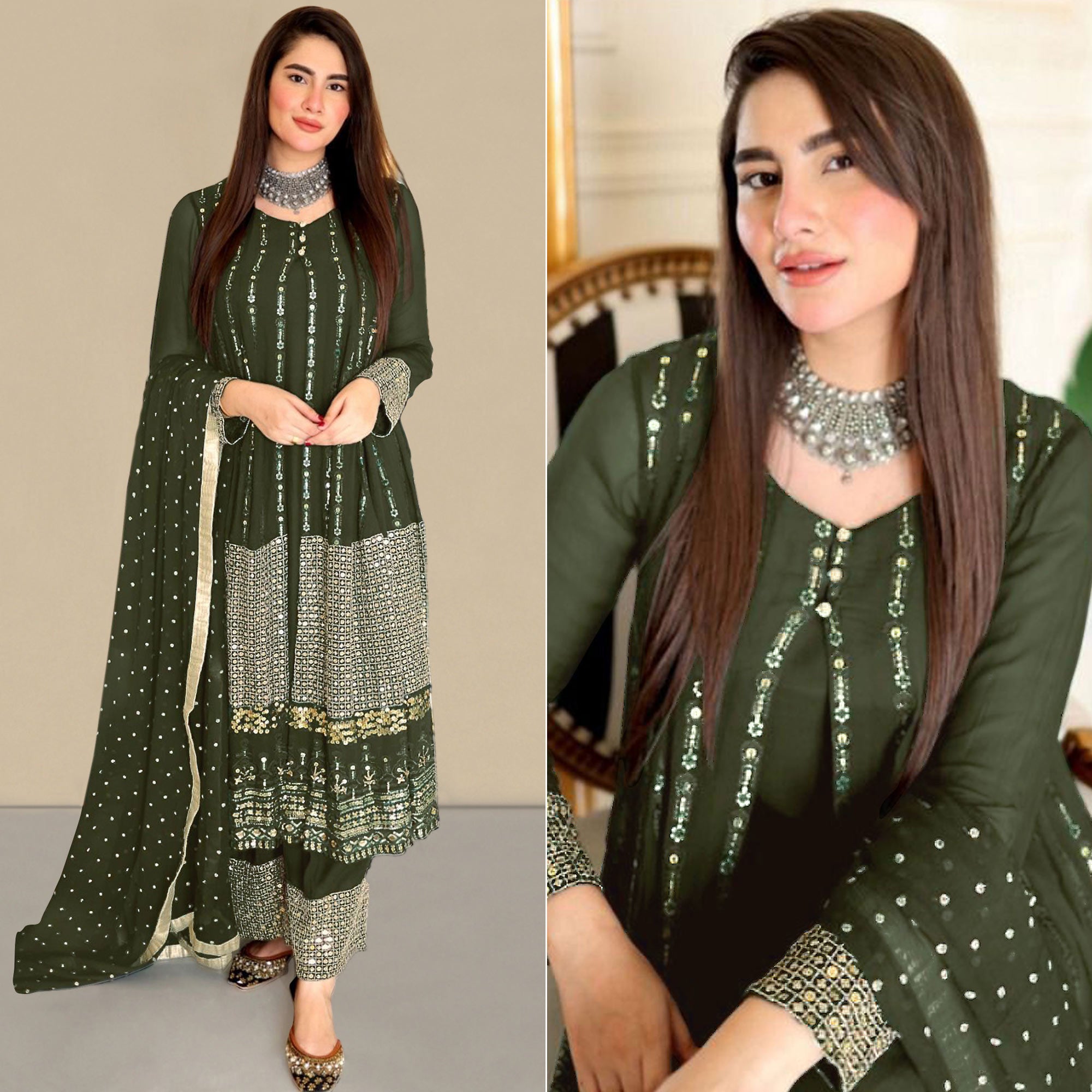 Mehendi Green Sequins Embroidered Georgette Pakistani Suit