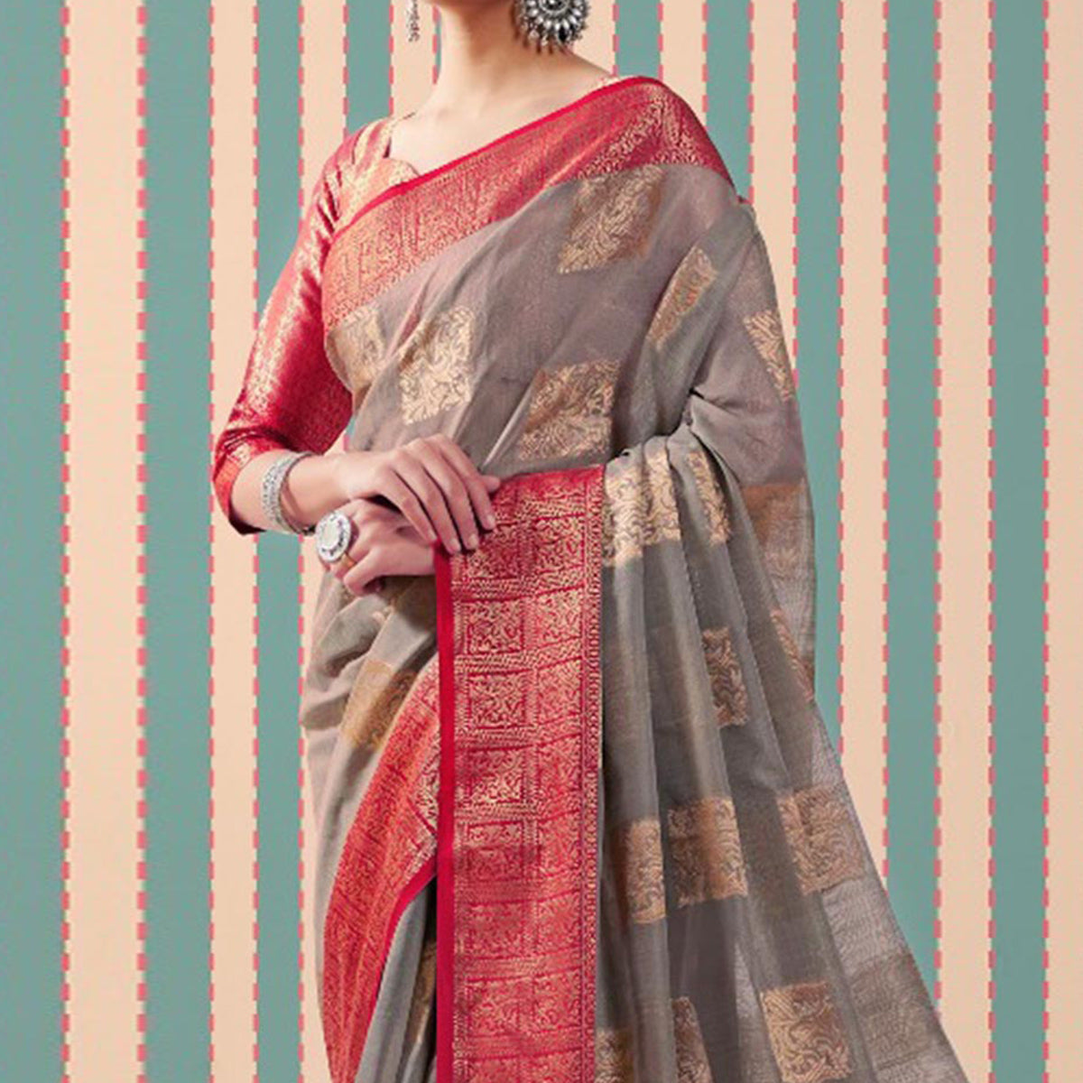Grey Woven Linen Saree With Tassels