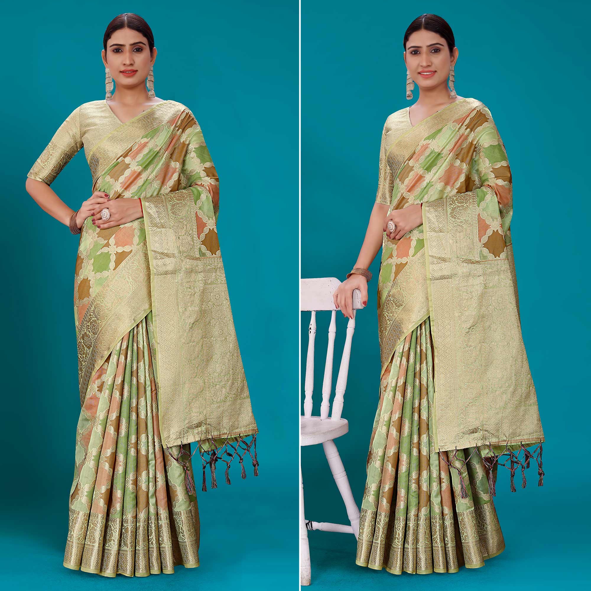 Green Woven Organza Saree With Tassels