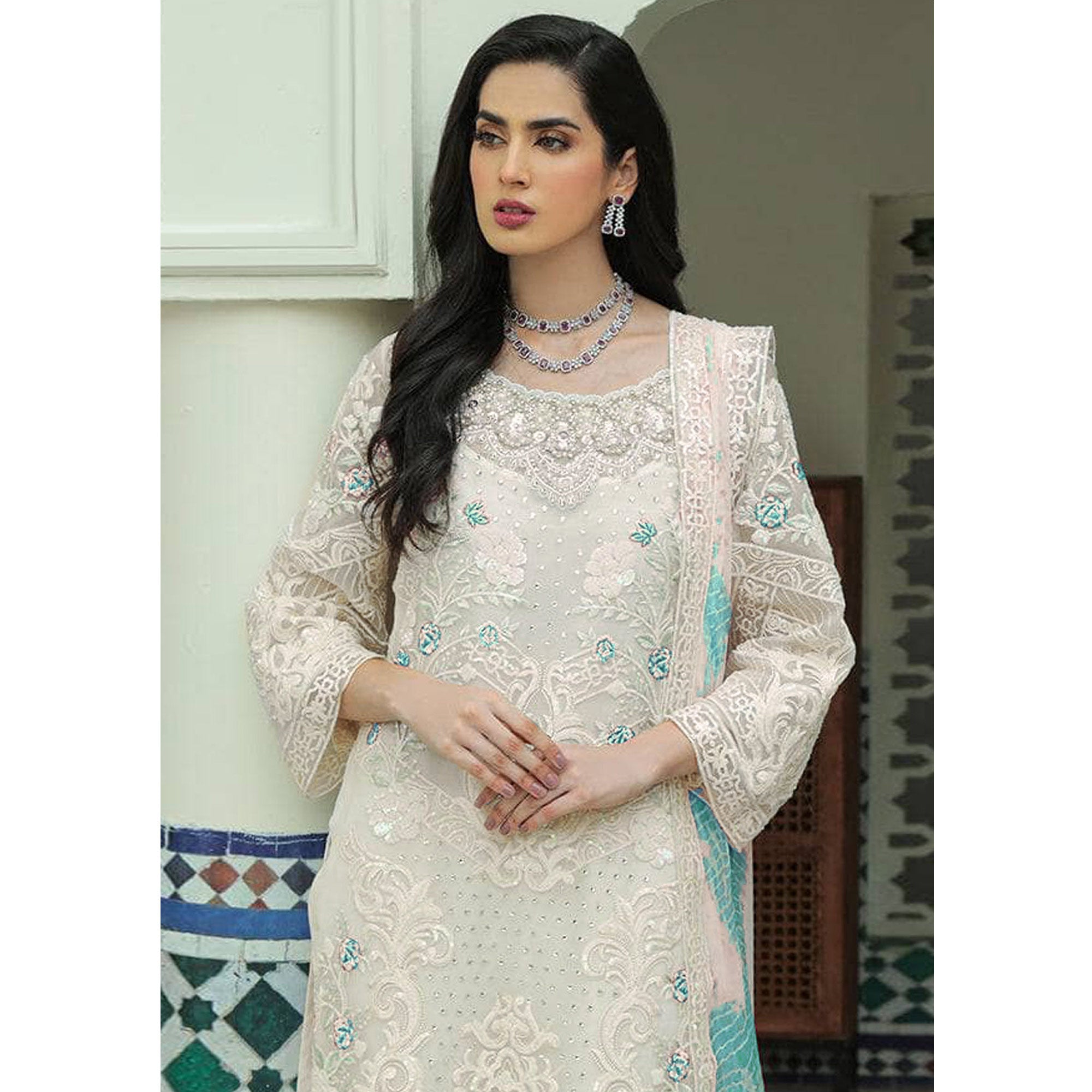 White Sequins Embroidered Georgette Pakistani Suit