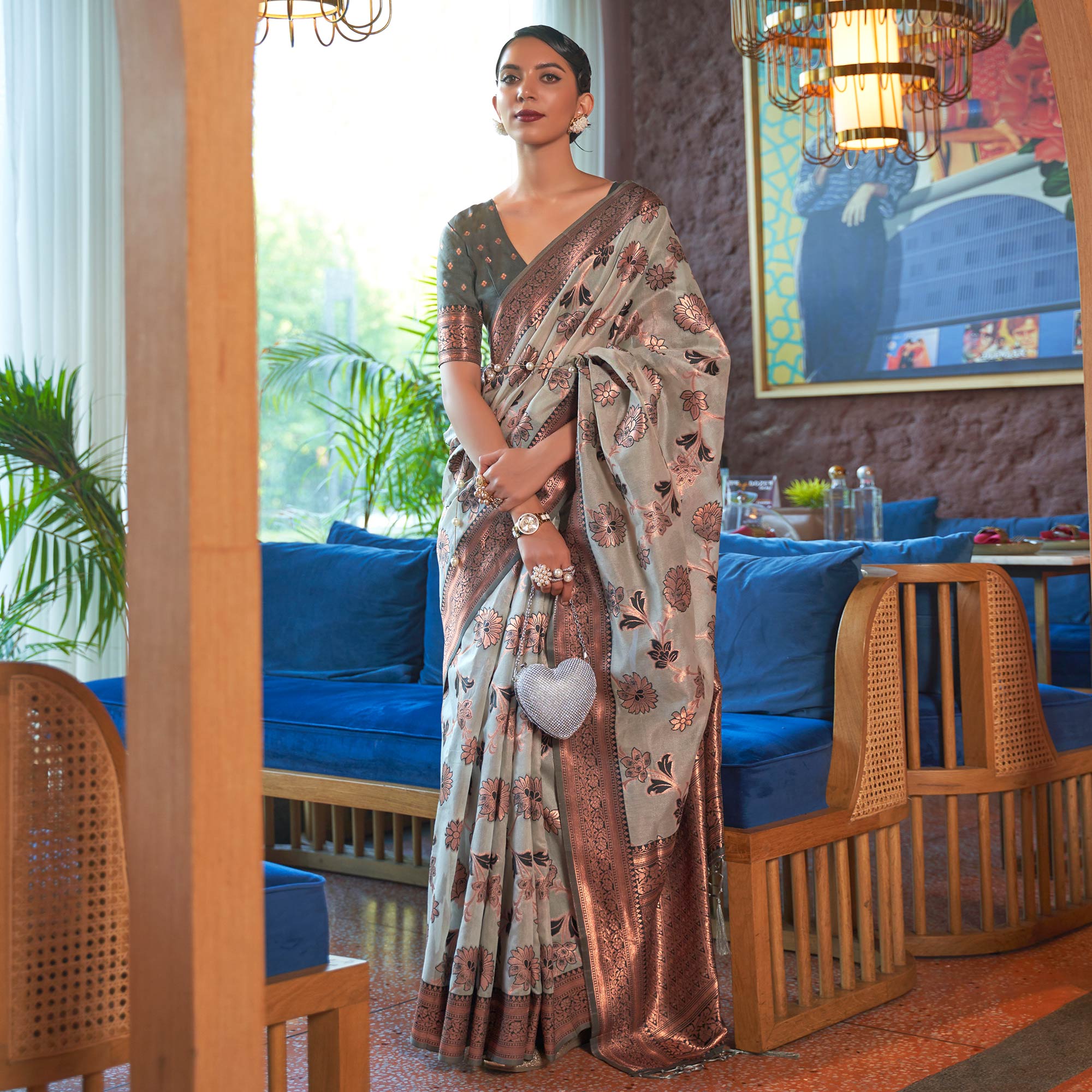 Silver Woven Organza Saree With Tassels