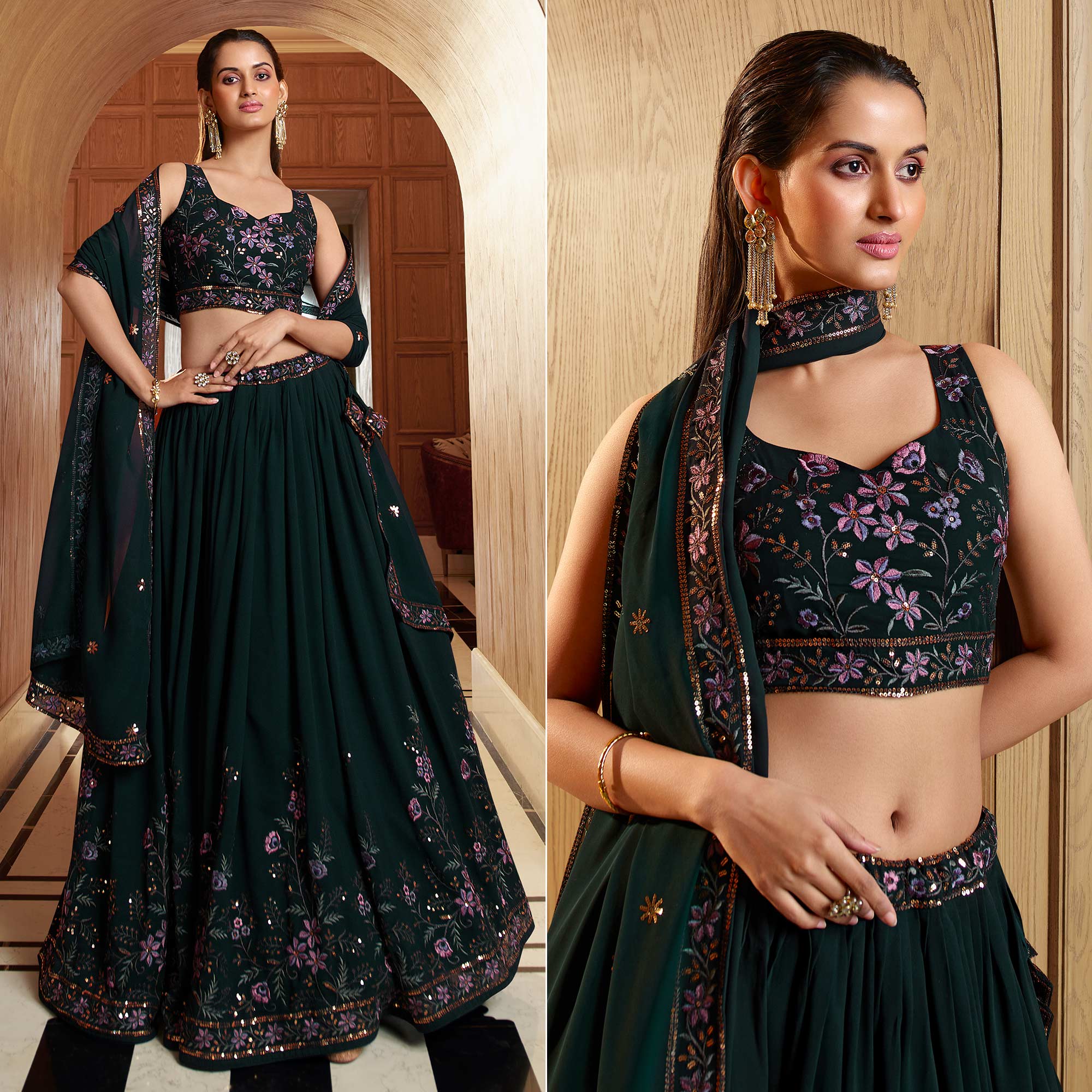 Green Sequins Embroidered Georgette Lehenga Choli