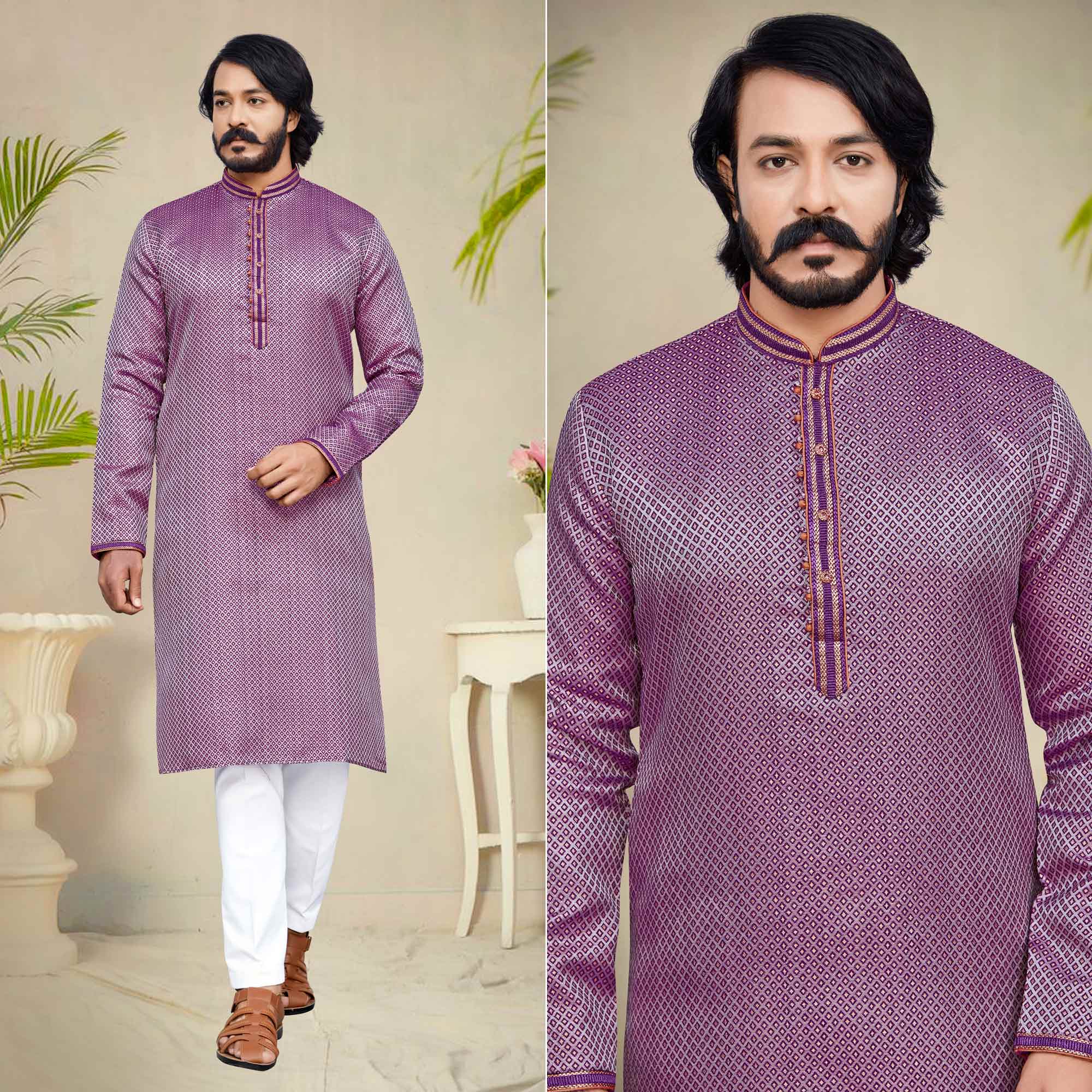 Purple Woven Jacquard Kurta Pyjama Set