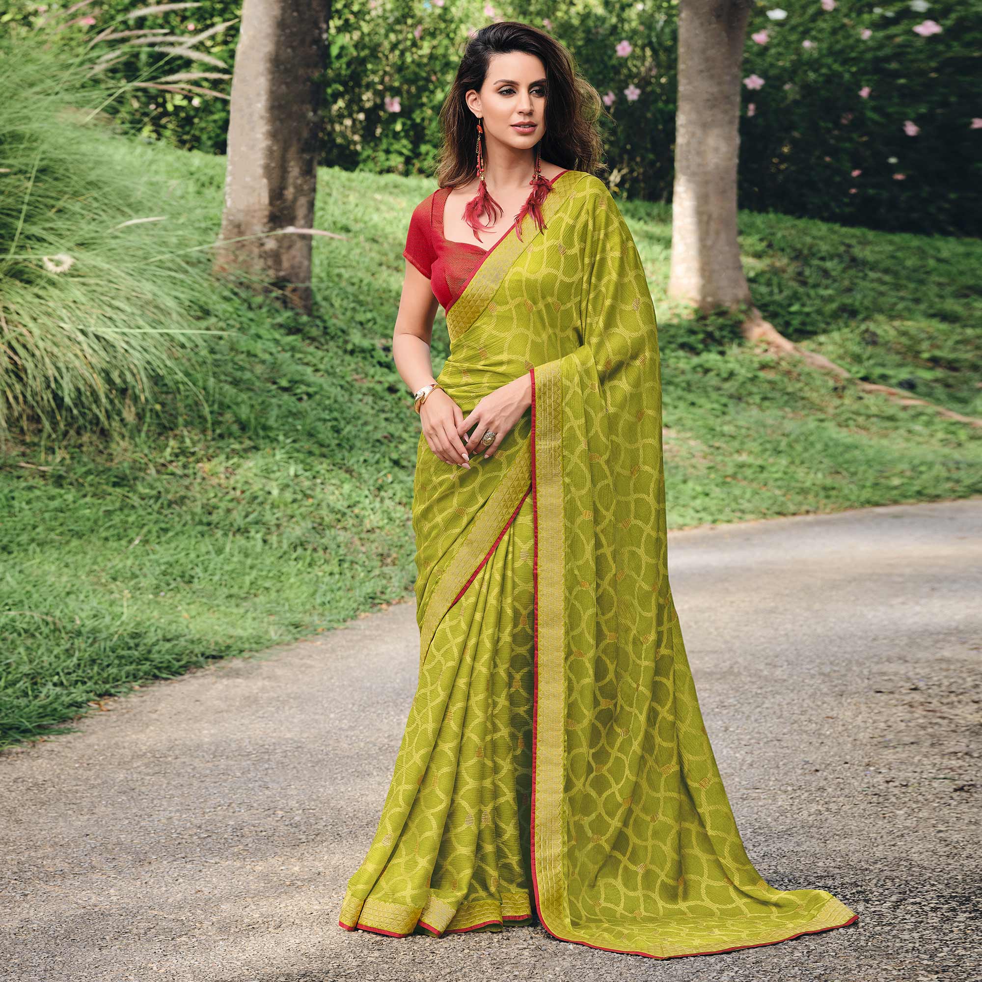 Green Printed Chiffon Saree