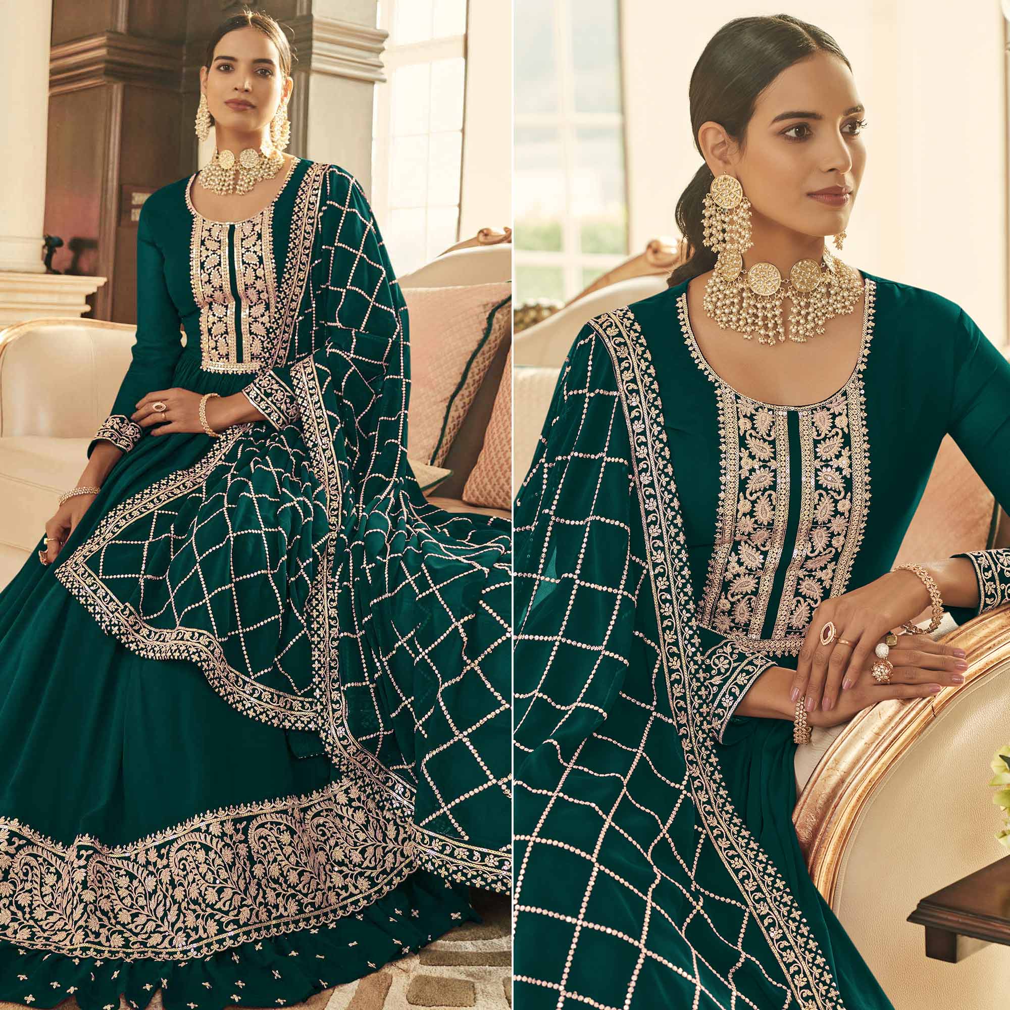 Bottle Green Embroidered Georgette Gown