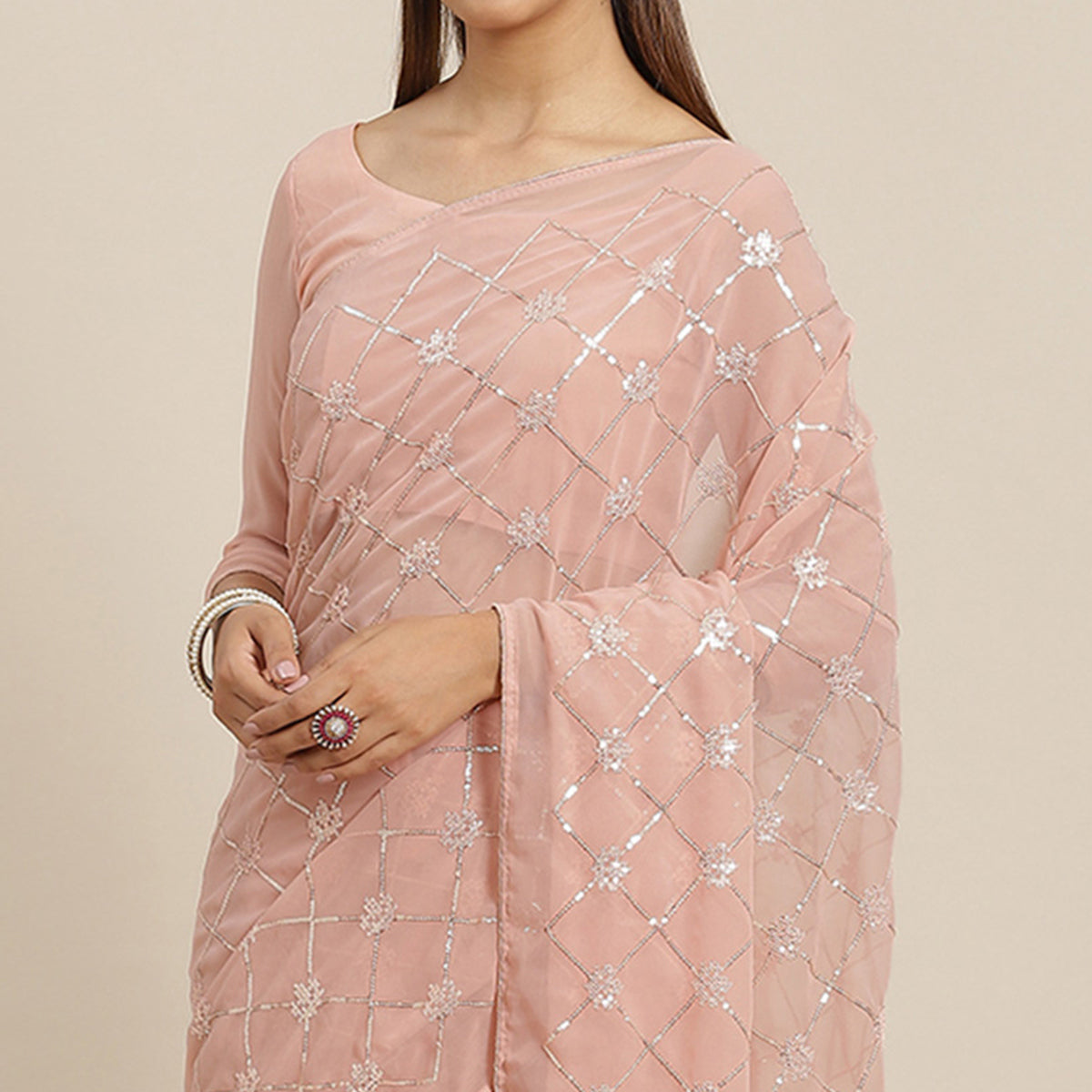 Peach Sequins Embroidered Georgette Saree