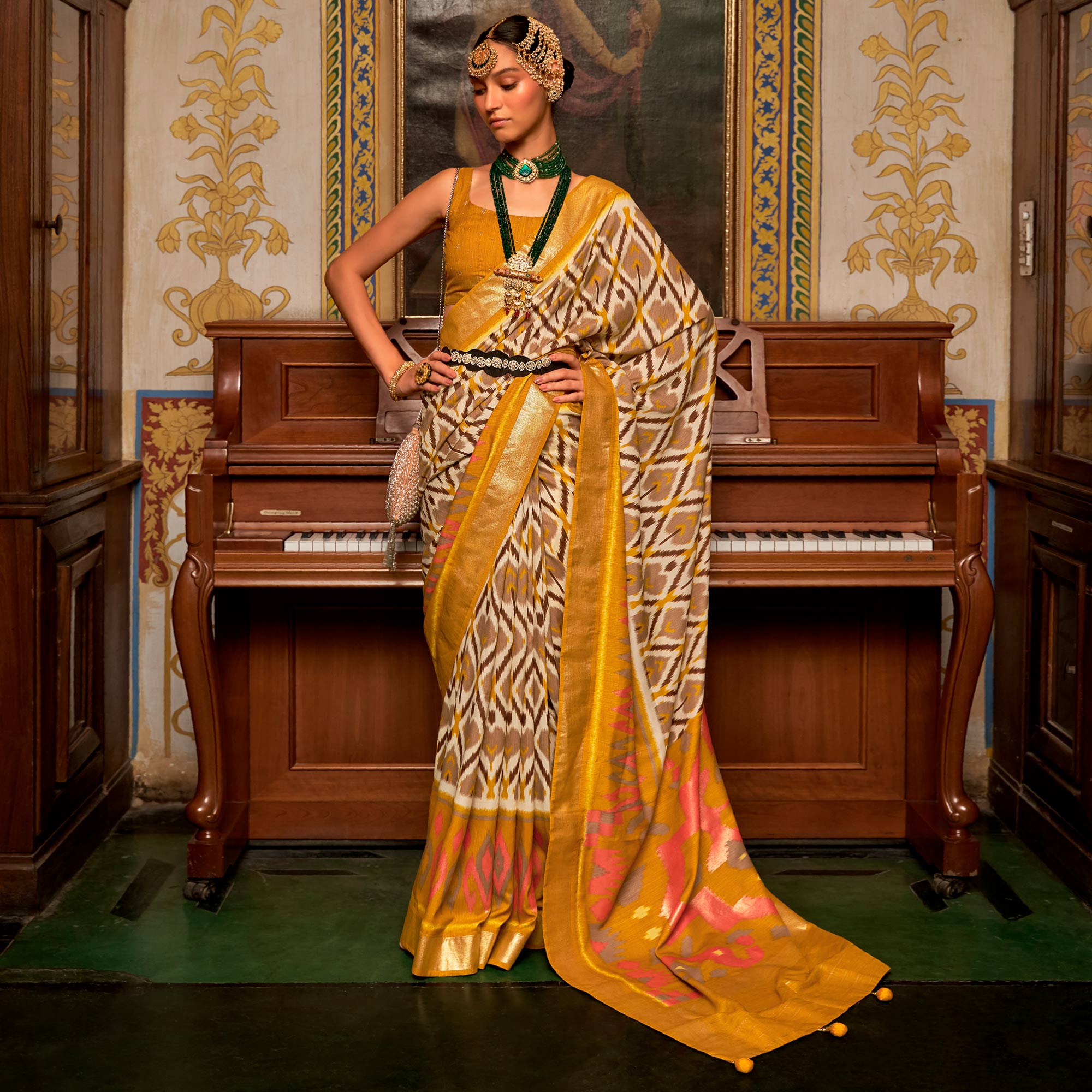 Mustard & Off White Printed Art Silk Saree