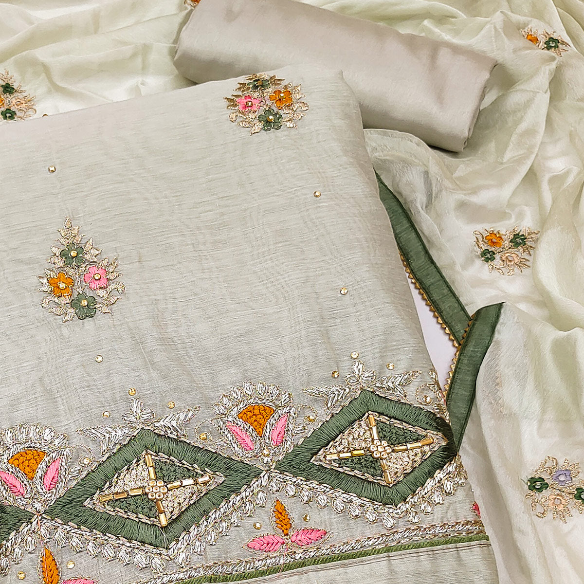 Grey Floral Embroidered Modal Dress Material