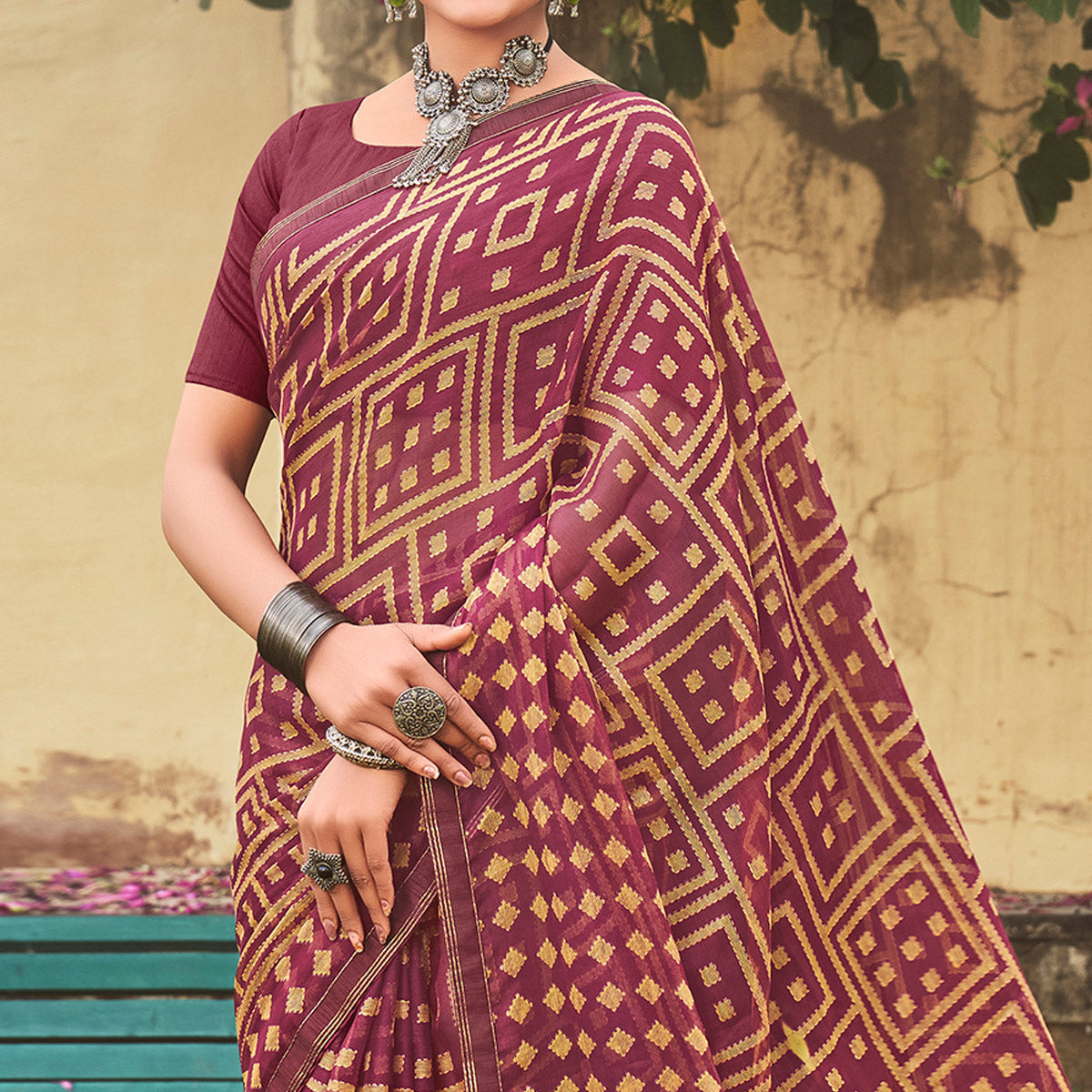 Wine Printed Chiffon Saree