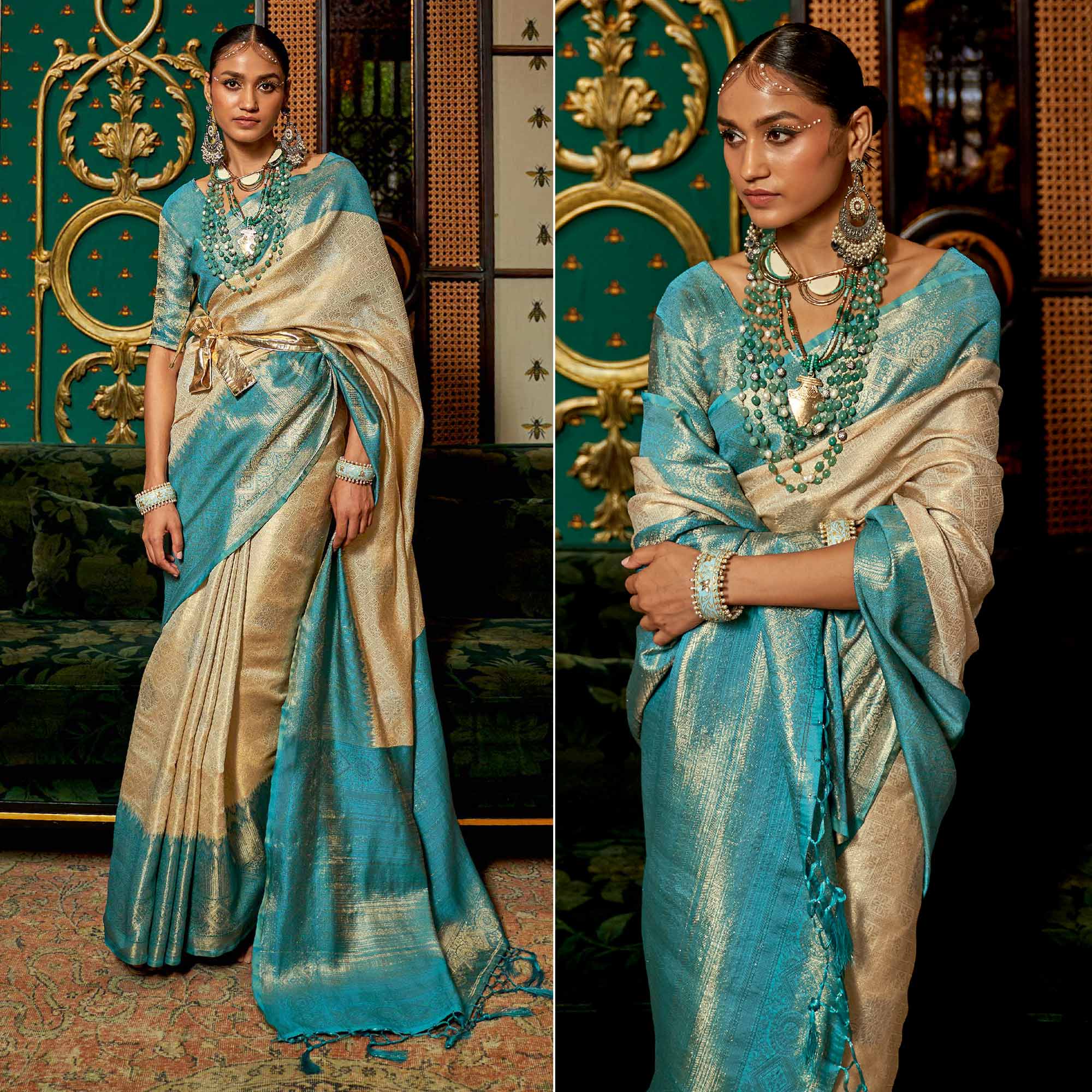 Beige Woven Art Silk Saree With Tassels