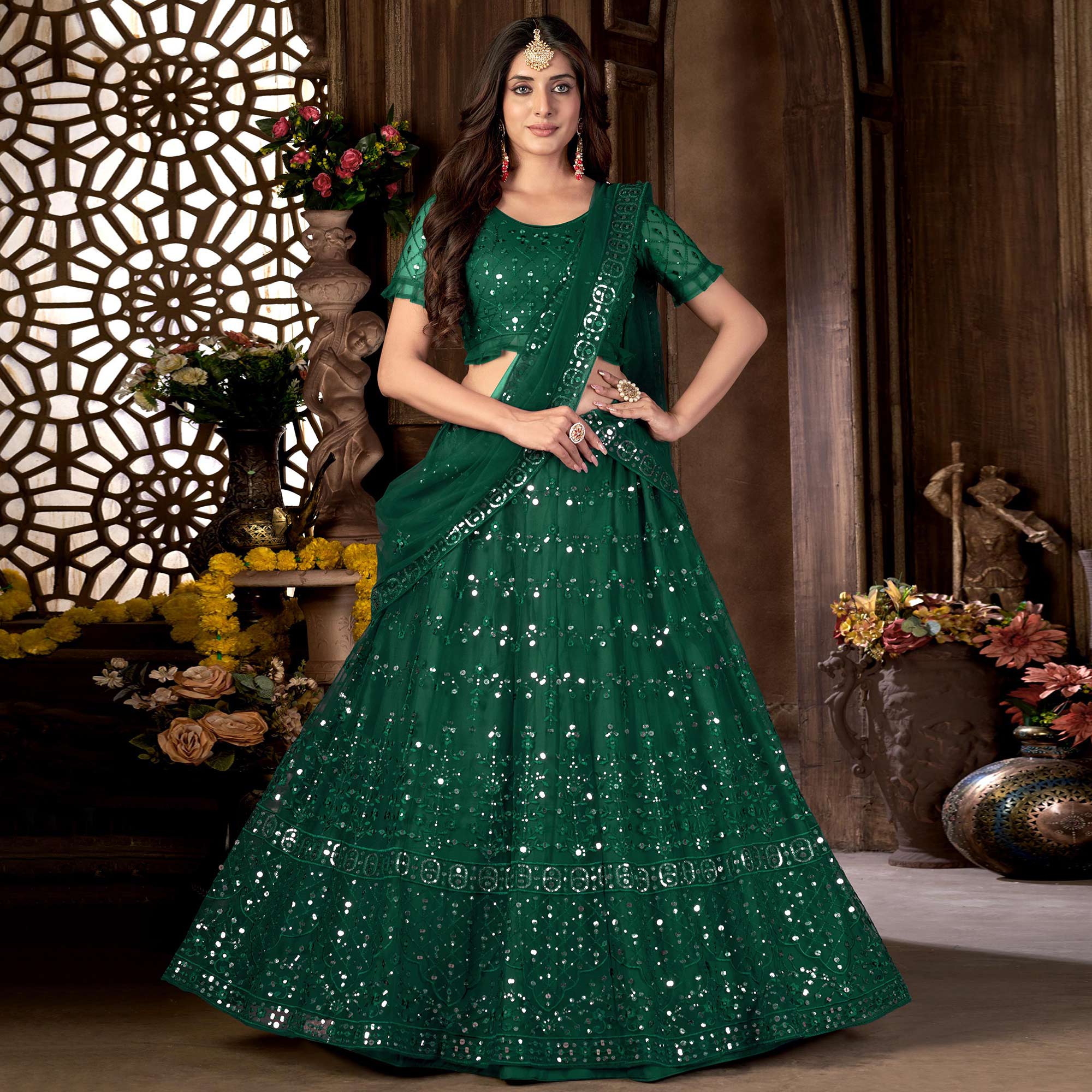 Green Sequins Embroidered Net Lehenga Choli