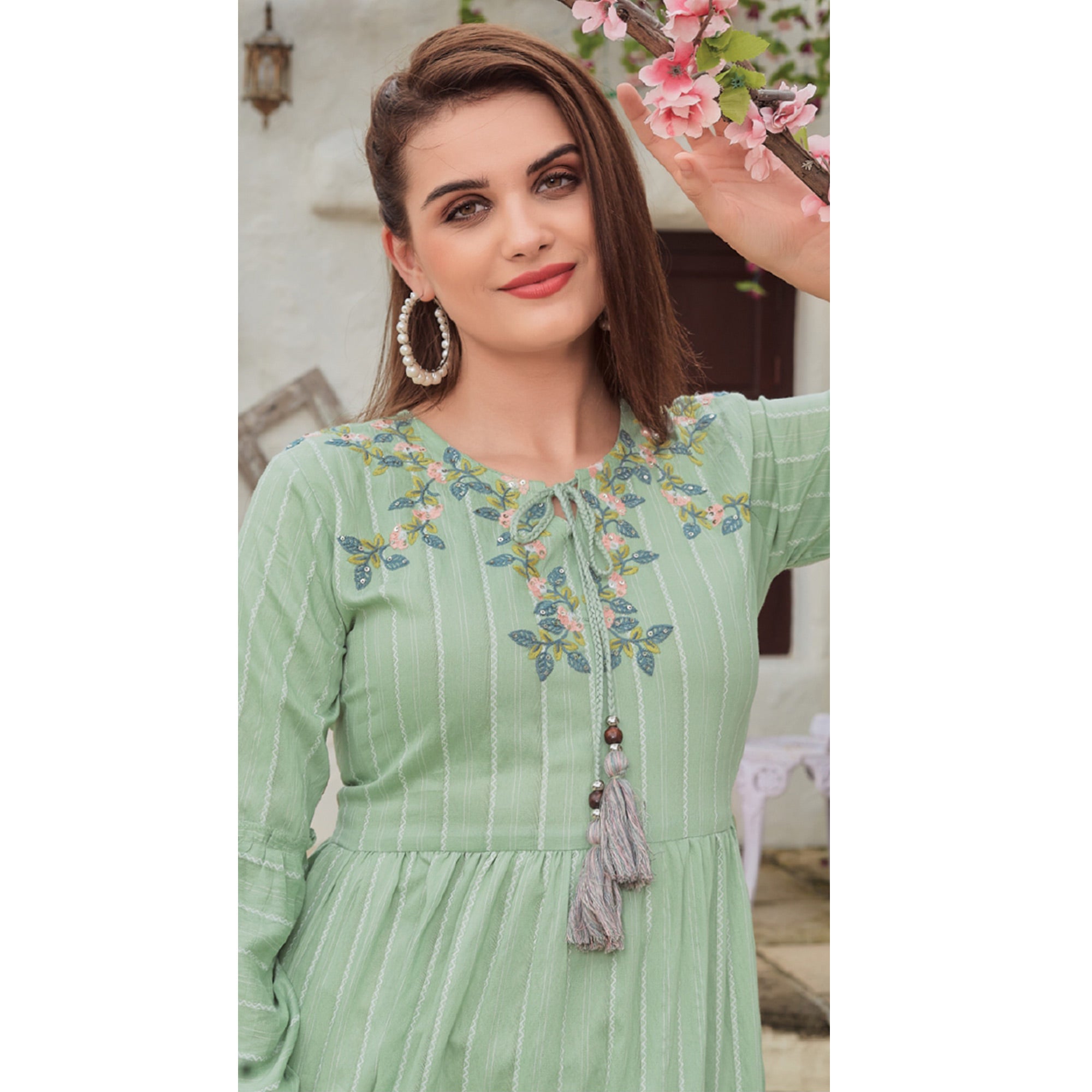 Green Floral Embroidered Rayon Dress