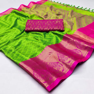 Parrot Green Woven Cotton Silk Saree With Tassels