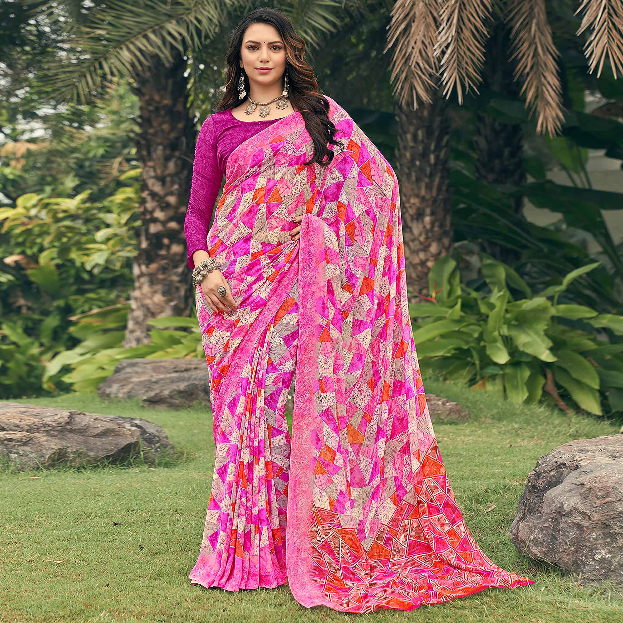 Magenta Pink Geometric Printed Georgette Saree