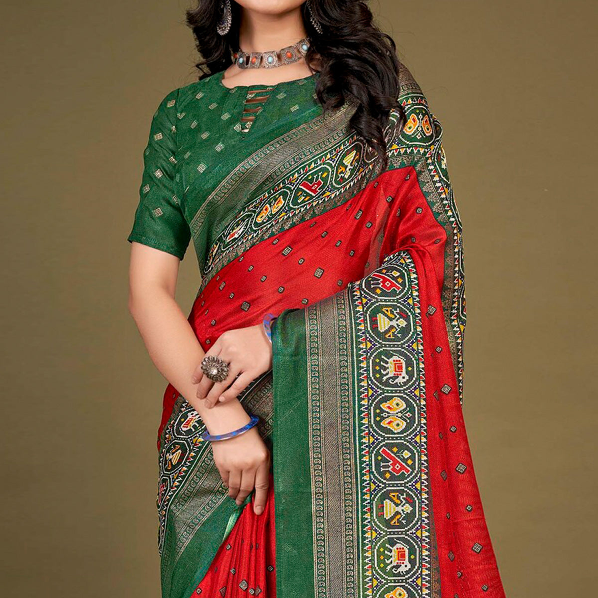 Red Printed Jute Patola Saree With Tassels