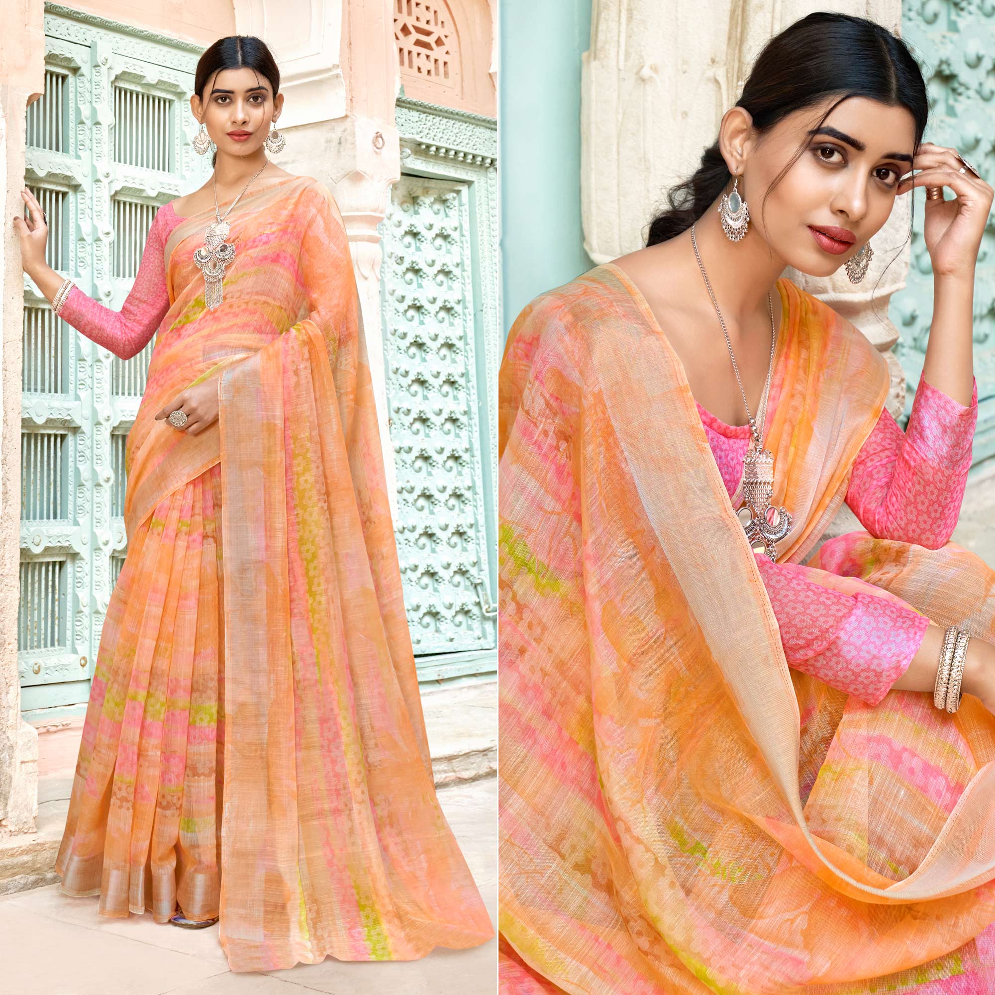 Peach Printed Cotton Blend Saree