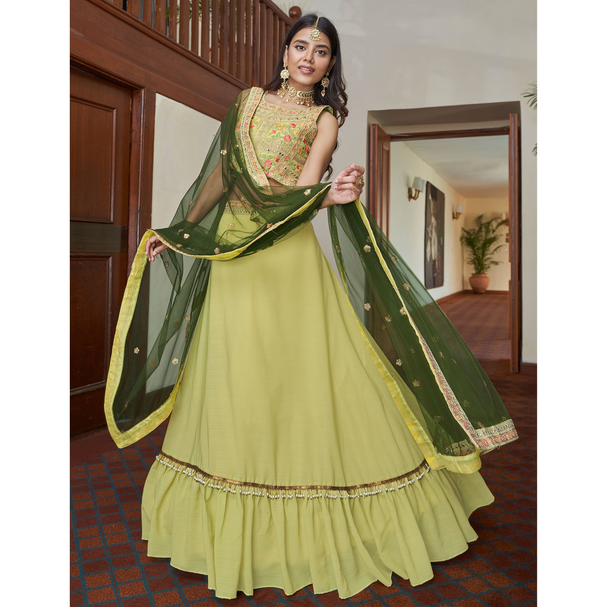 Lemon Yellow Embroidered Art Silk Lehenga Choli