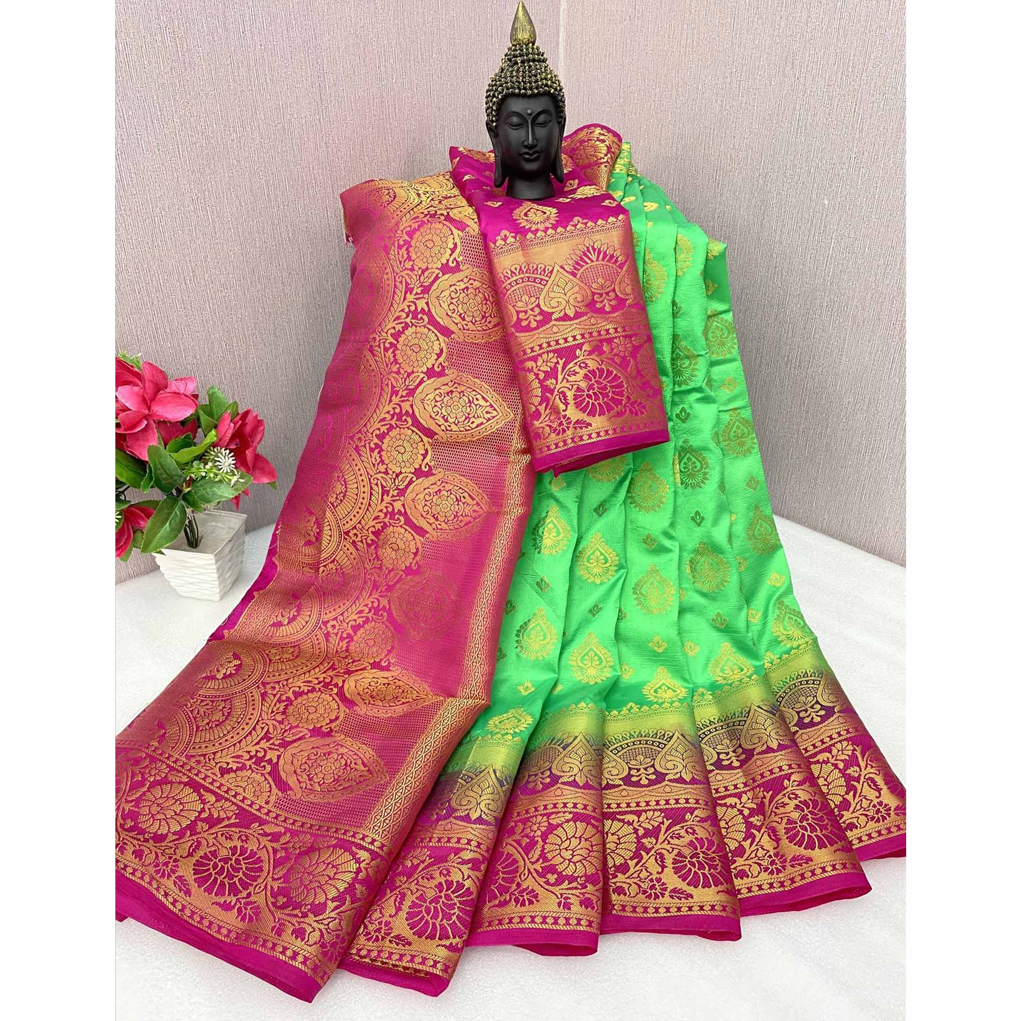 Parrot Green Woven Banarasi Silk Saree