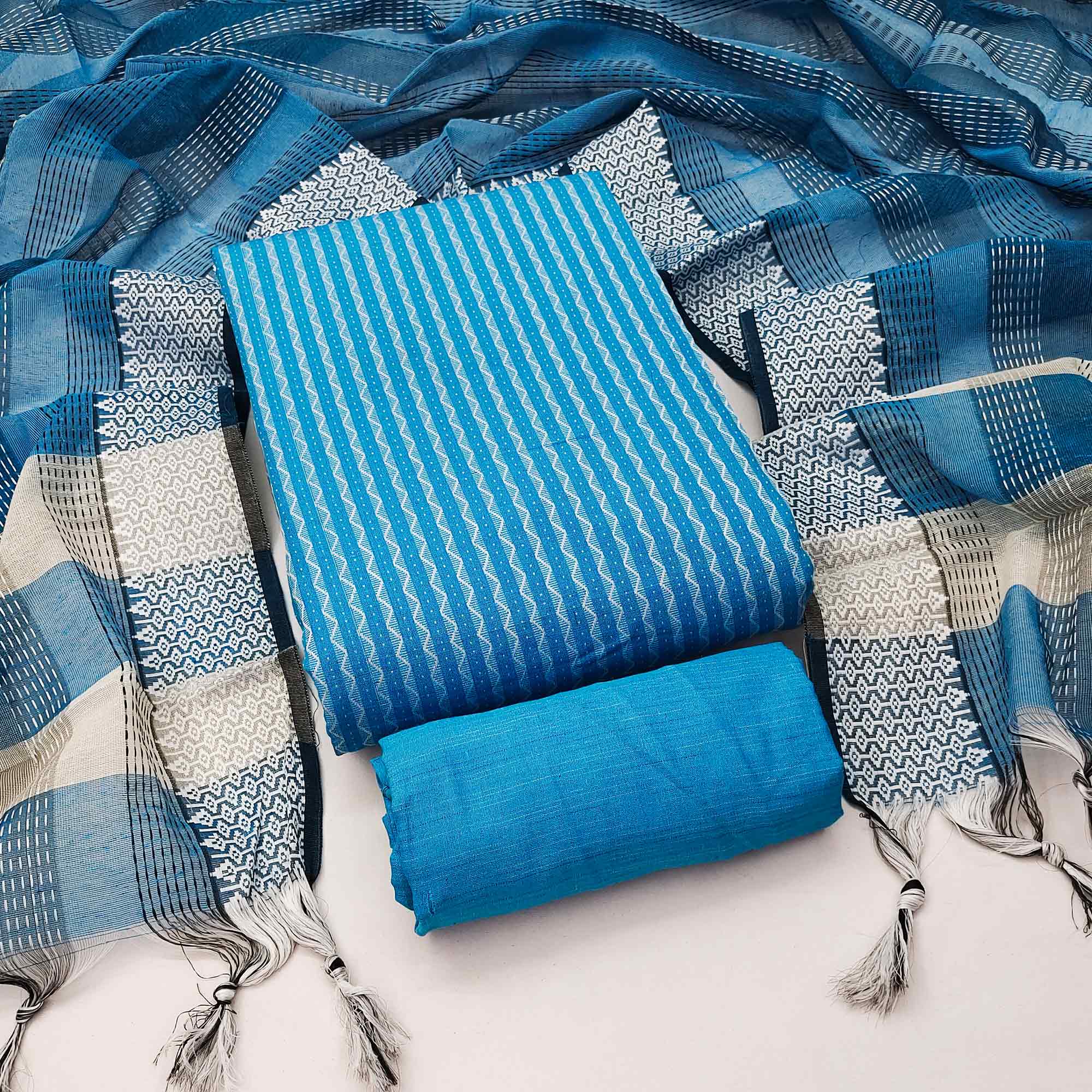 Firozi Blue Woven Cotton Blend Dress Material
