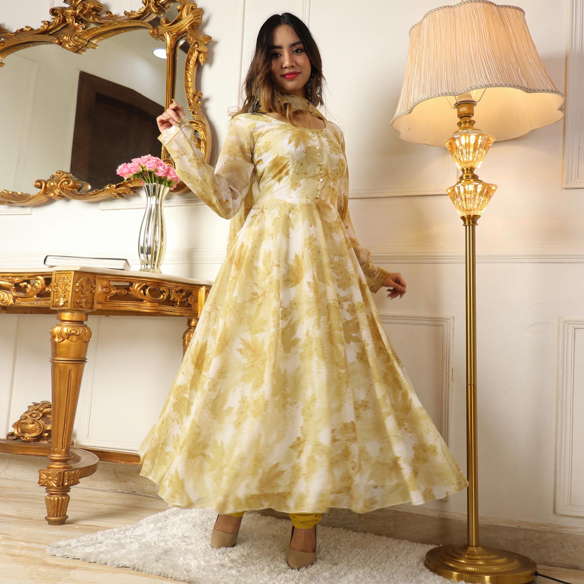 Light Yellow Floral Printed Georgette Anarkali Suit