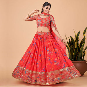 Coral Red Floral Printed And Sequins Work Georgette Lehenga Choli